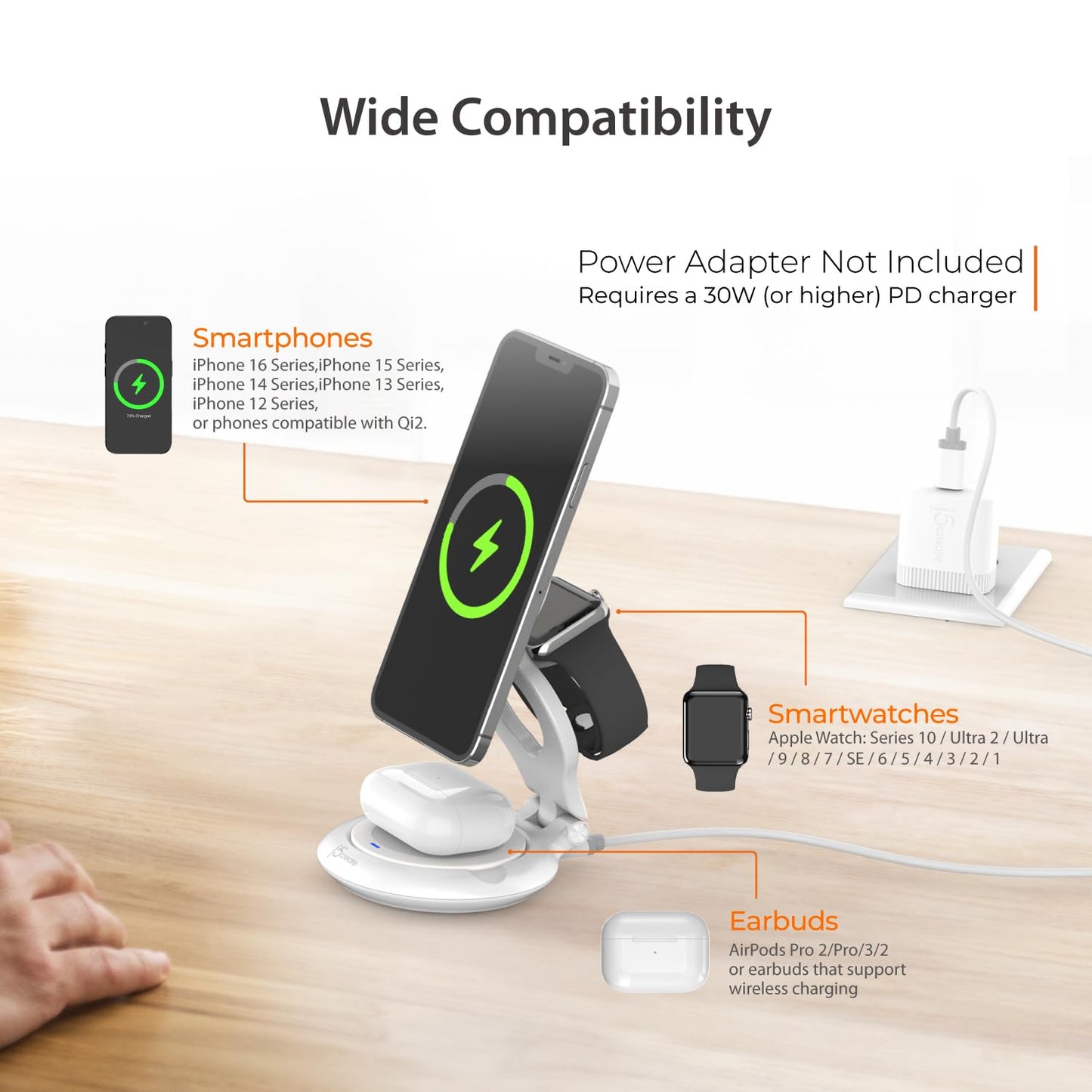 j5create Qi2 3-in-1 Magnetic Foldable Wireless Charging Station (JUPW3415)