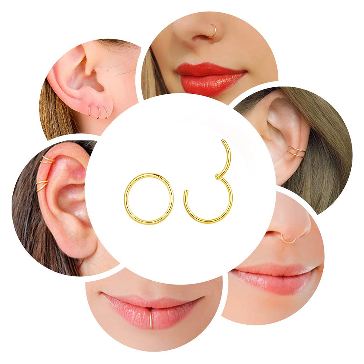 BOGKU 6pcs G23 Titanium Septum Segment Rings 18G Diameter 6mm/8mm/10mm Hinged Nose Lip Ring Hoops for Women Men Cartilage Tragus Helix Hoop Earrings Body Piercing Rings