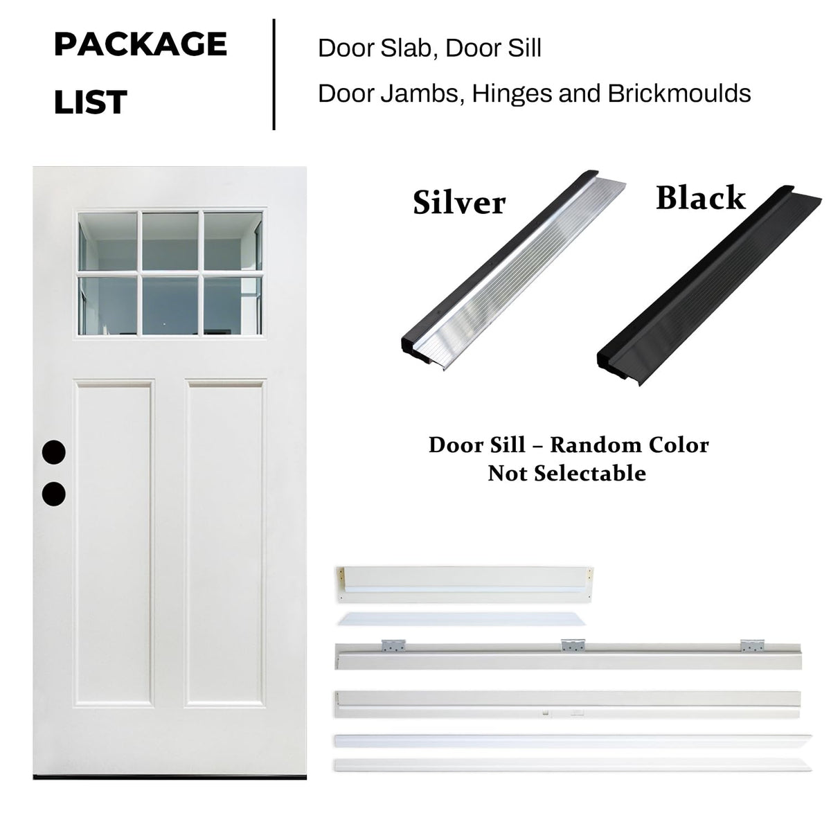 Fiberglass Entry Door, 36'' x 80'' Front Exterior Door with Brickmould and Vinyl Frame, Right Hand Inswing White Primed Knock-Down Door 4-9/16in, 6 Lite Low-E Glass
