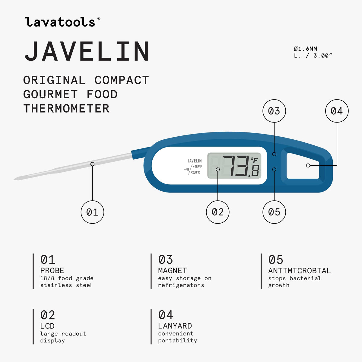 Lavatools Javelinยฎ Ultra-Fast 2-Second Digital Instant Read Meat Thermometer for Grill and Cooking, 2.75" Probe, Compact Foldable Design, Large Display, IP65 Water Resistant, NSF Certified โ Sambal
