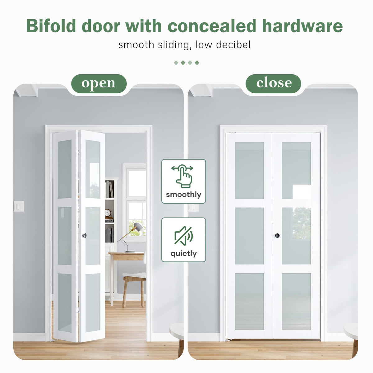 Roymelo Bifold Doors for 36"×80-3/4" Opening, Preassembled White Frosted Glass Folding Barn Door, Sliding Interior Wood Panel Closet Bifolding Door with Concealed Hardware Kit Included