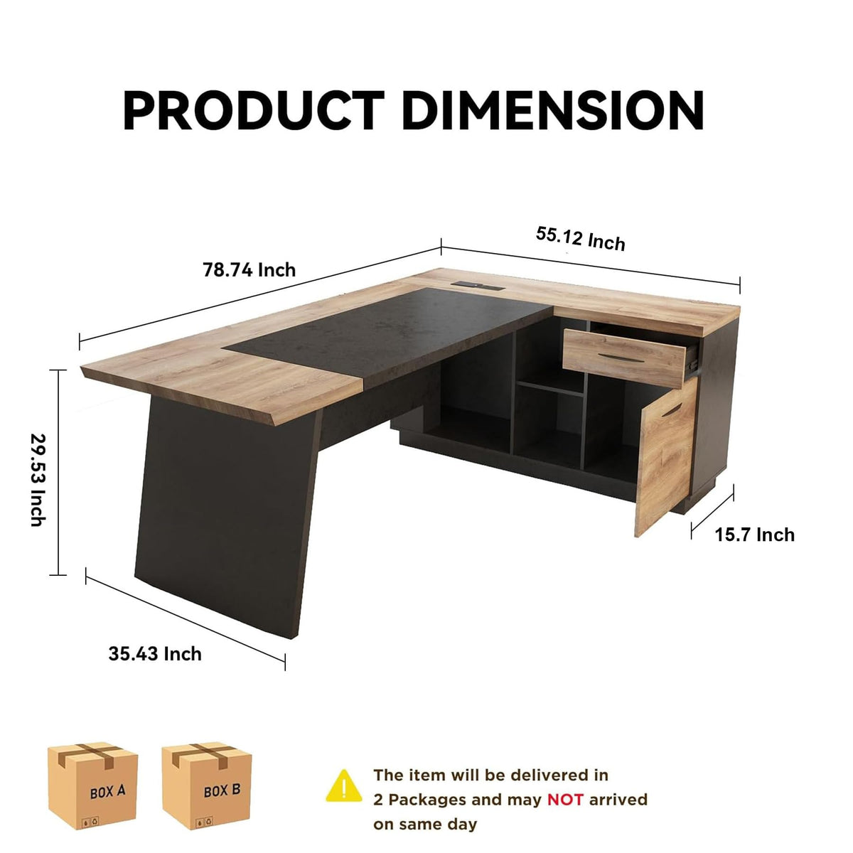 ONNAHOMEStlyle 78.74 Inch L Shaped Office Desk with Drawers & Built-in Power Access, Large Executive Workstation with Storage Cabinet, Modern Wooden Desk for Business or Home Office (claybank, Left)