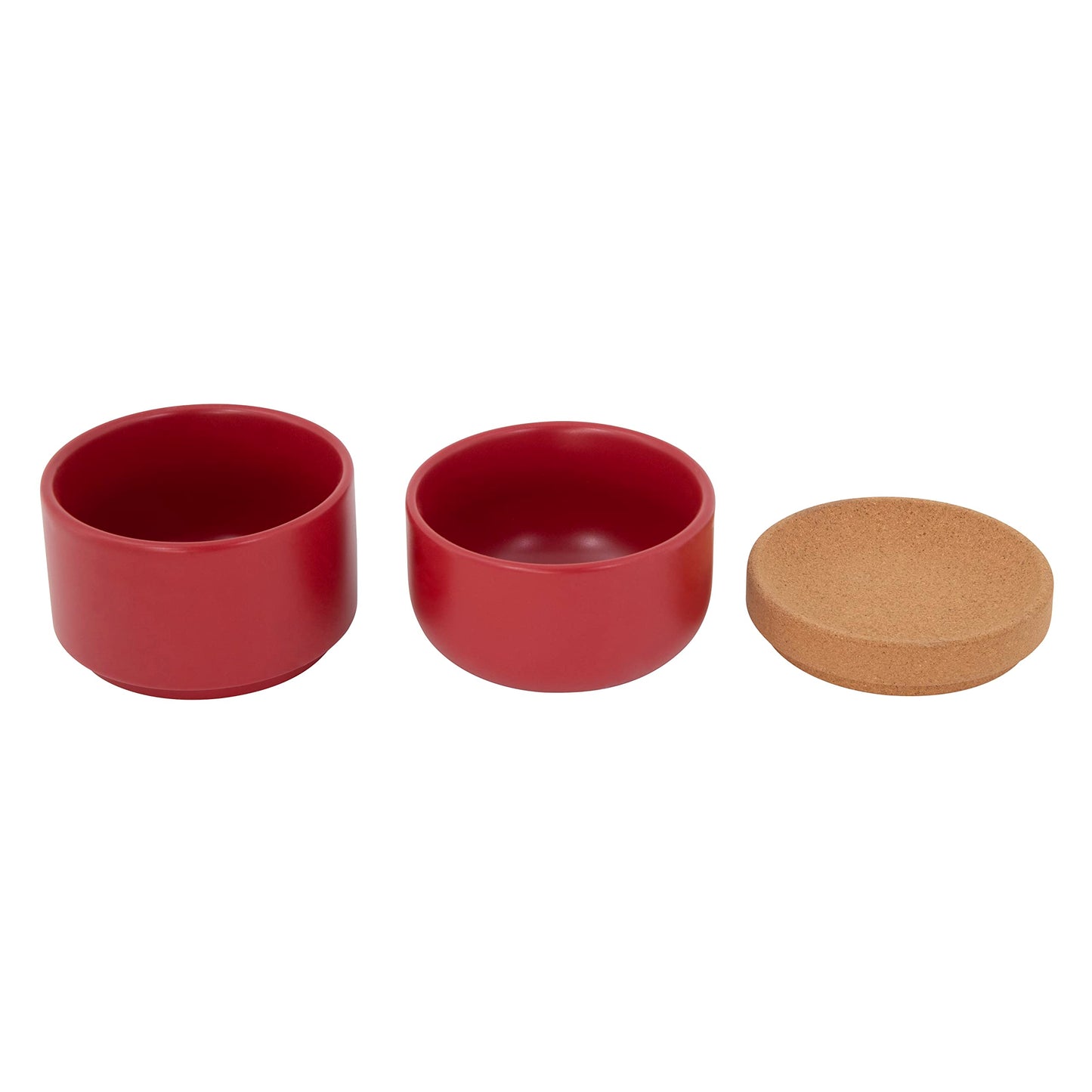 Ceramic and Cork 3 Piece Stackable Salt and Pepper Cellar For Countertop Space Saving1Easy Lift Lid to Retain Freshness for Easy Open, Natural Cork and Red Ceramic