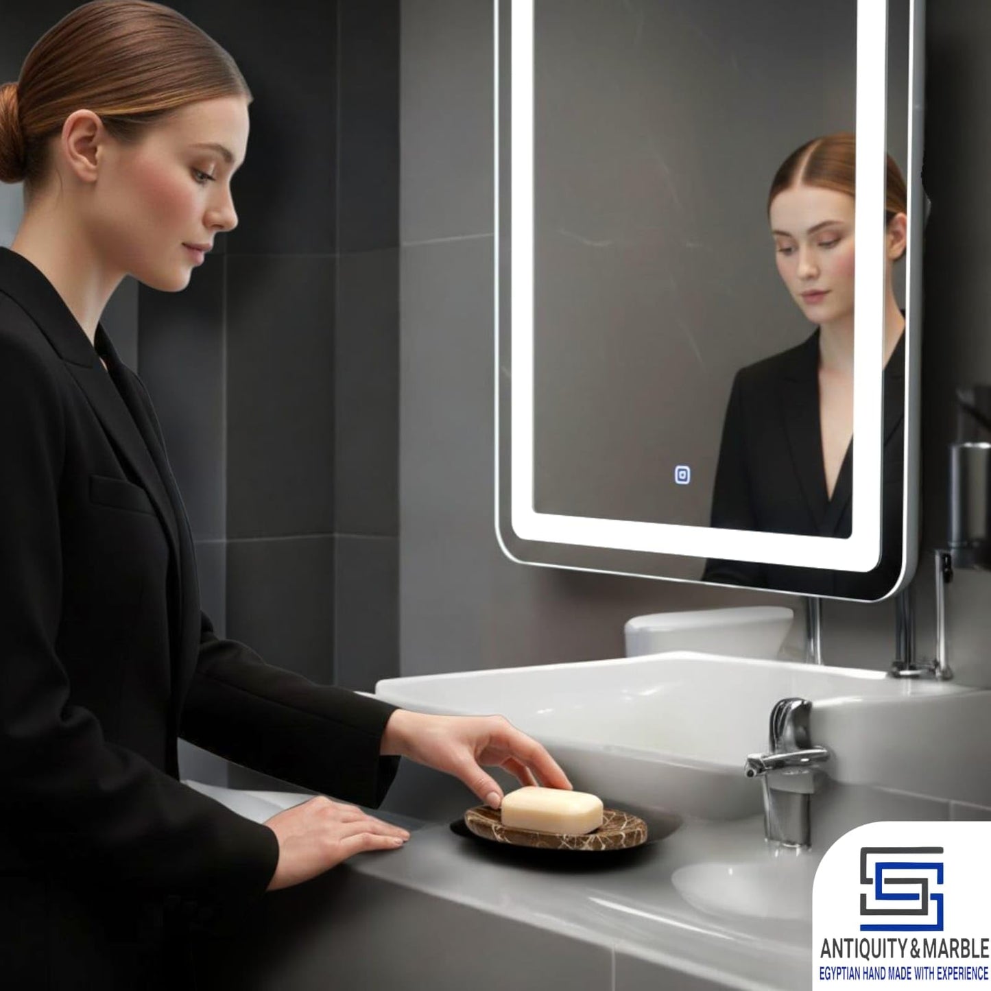 SS Marble Soap Holder - Polished & Shiny Oval Marble Soap Holder - Sponge Holder for Face, Bathroom Makeup Tray with Drain Hole Well-Made Bathroom Accessory (Brown)