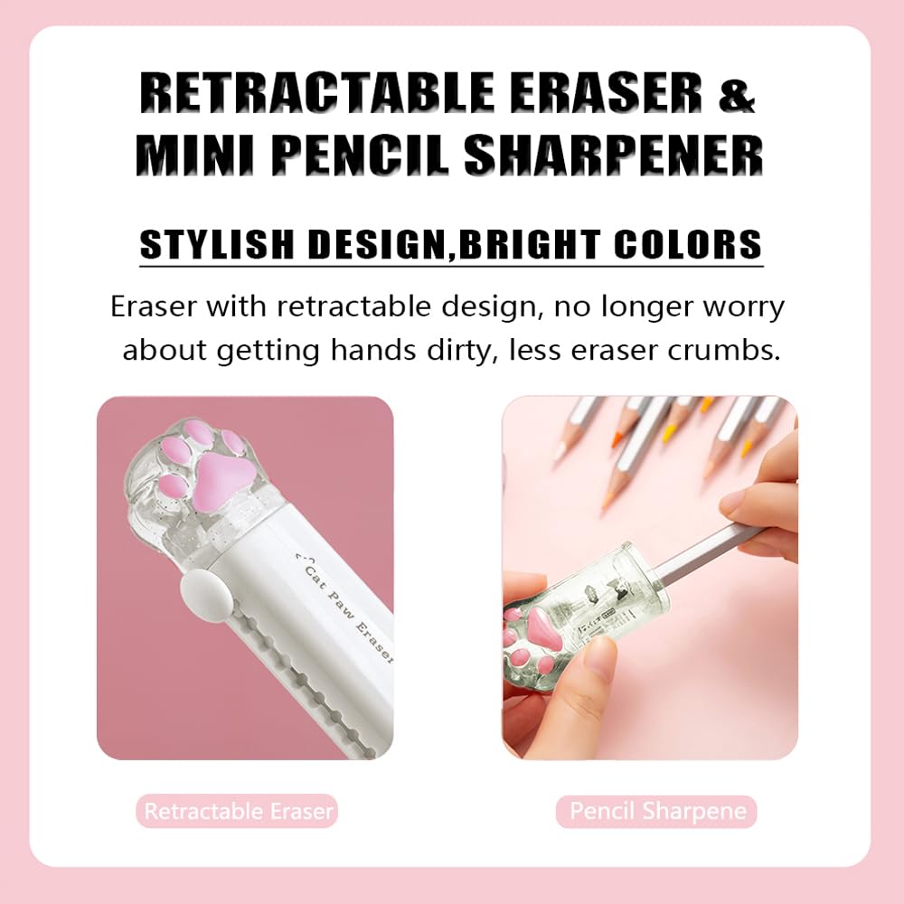 Cute School Supplies,Stationary Gift Set, Japanese Stationery Birthday GIFS, Includes Pencil Sharpener,Eraser, Correction Tape, Ruler, Mini Scissors,Utility Knife, for Office School Supplies (White)
