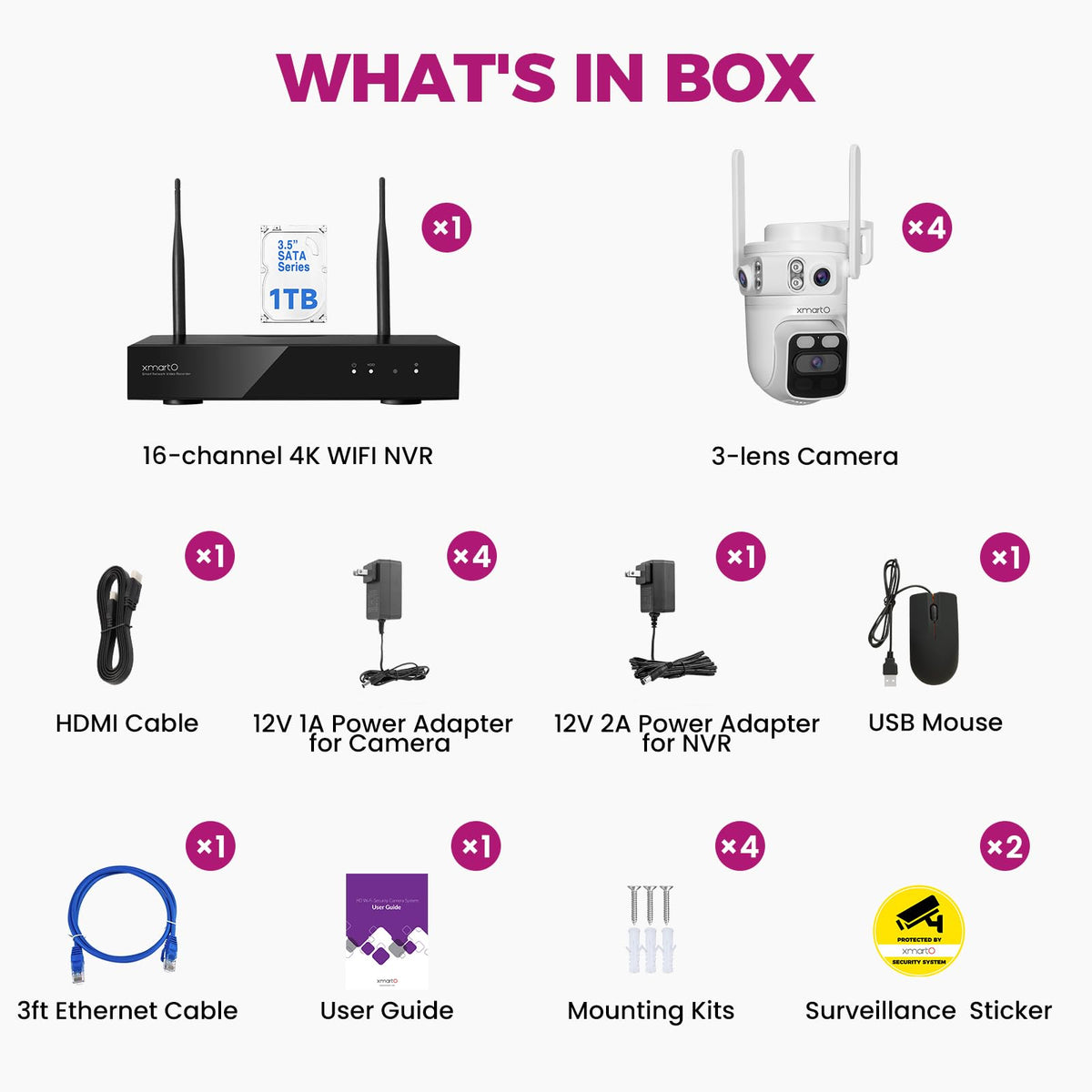 XMARTO 6MP Tri-Lens 4-Cam 1TB WiFi Mesh Security Camera System,16CH 4K H.265 WiFi-Inside NVR,360°PTZ AI Tracking,3-View/Cam,Long Range Wireless,Plug-in 24/7 Home Surveillance,Local & Mobile View