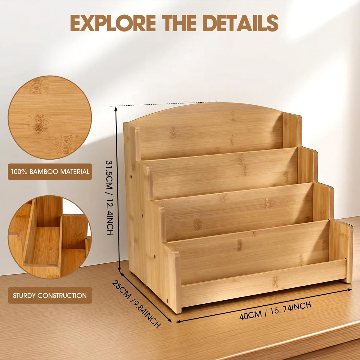 Homevany Bamboo Greeting Card Display Stand Holder - 4-Tier Sticker Organizer Rack, Trading Card Holder Retail Photos Shelf for Vendors Craft Collection & Show.