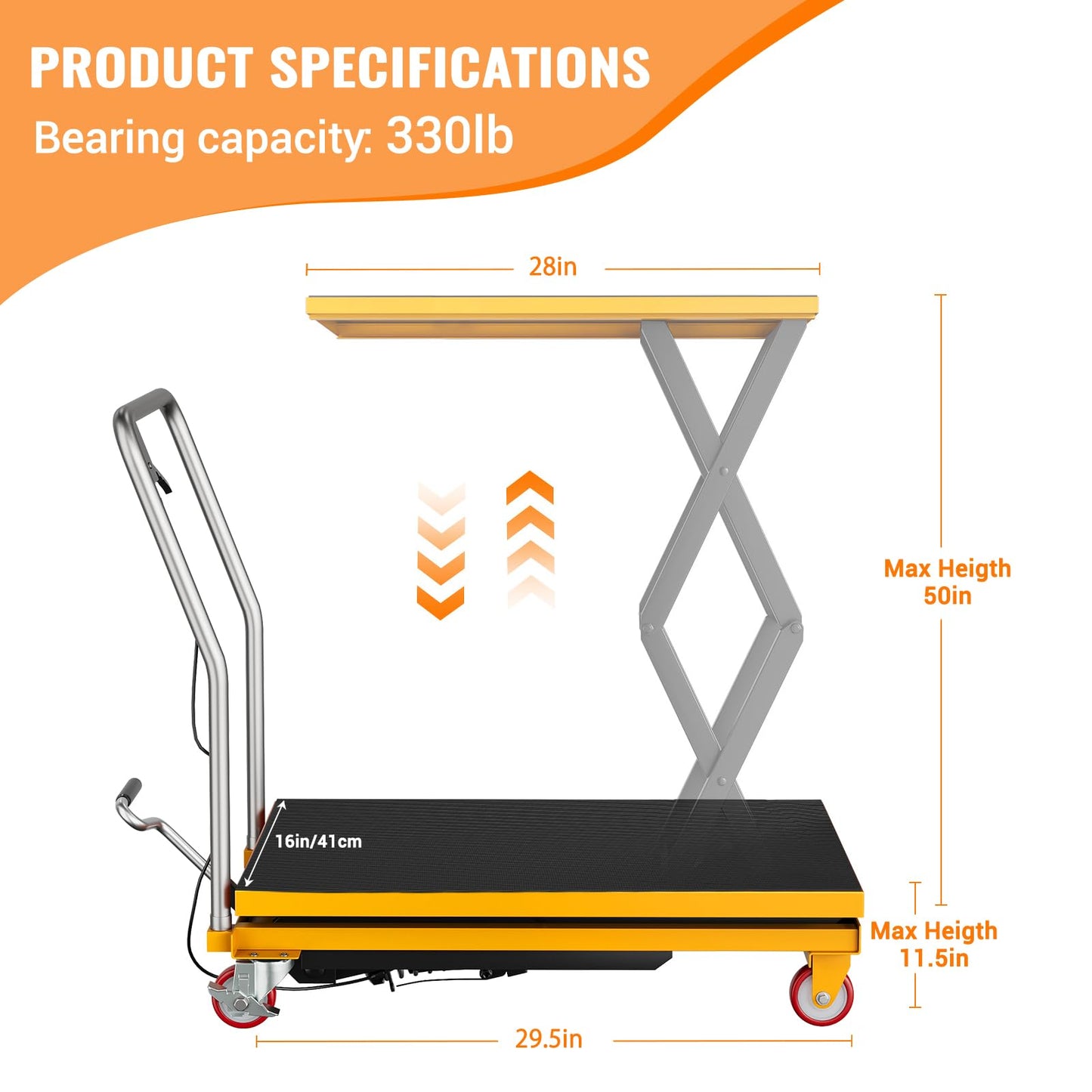 GarveeTech Hydraulic Lift Table Cart, 330 LBS Capacity 50 in Lifting Height, Manual Double Scissor Lift Table with Locking Wheels and Non-Slip Pad, ScissorLift Table for Material Handling, Gold