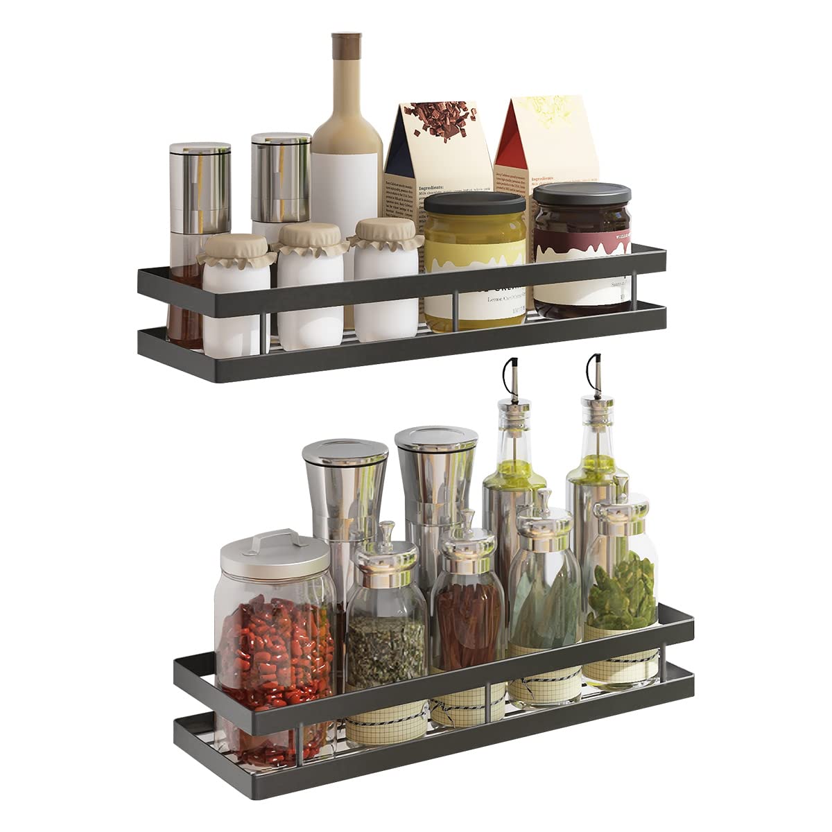 PINNIYOU Spice Rack Organizer Wall Mount, 14" Hanging Black Spice Organizer Shelf, 2 Pack Farmhouse Seasoning Organizer, Spice Shelves Holder for Kitchen, Flexible Bathroom Organizer