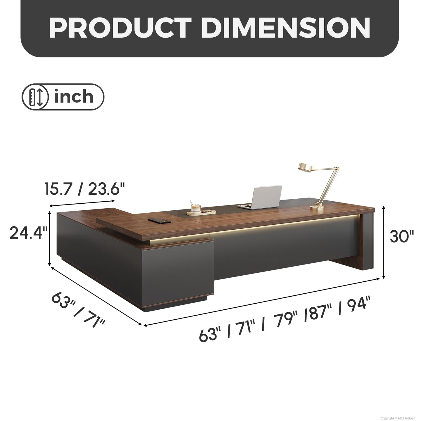 Nuipesn 71-Inch Reversible L-Shaped Executive Desk with Power Outlet & LED Lighting, Large Modern Office Desk with Drawers & Storage Shelves for Home & Office, Red Walnut & Iron Gray