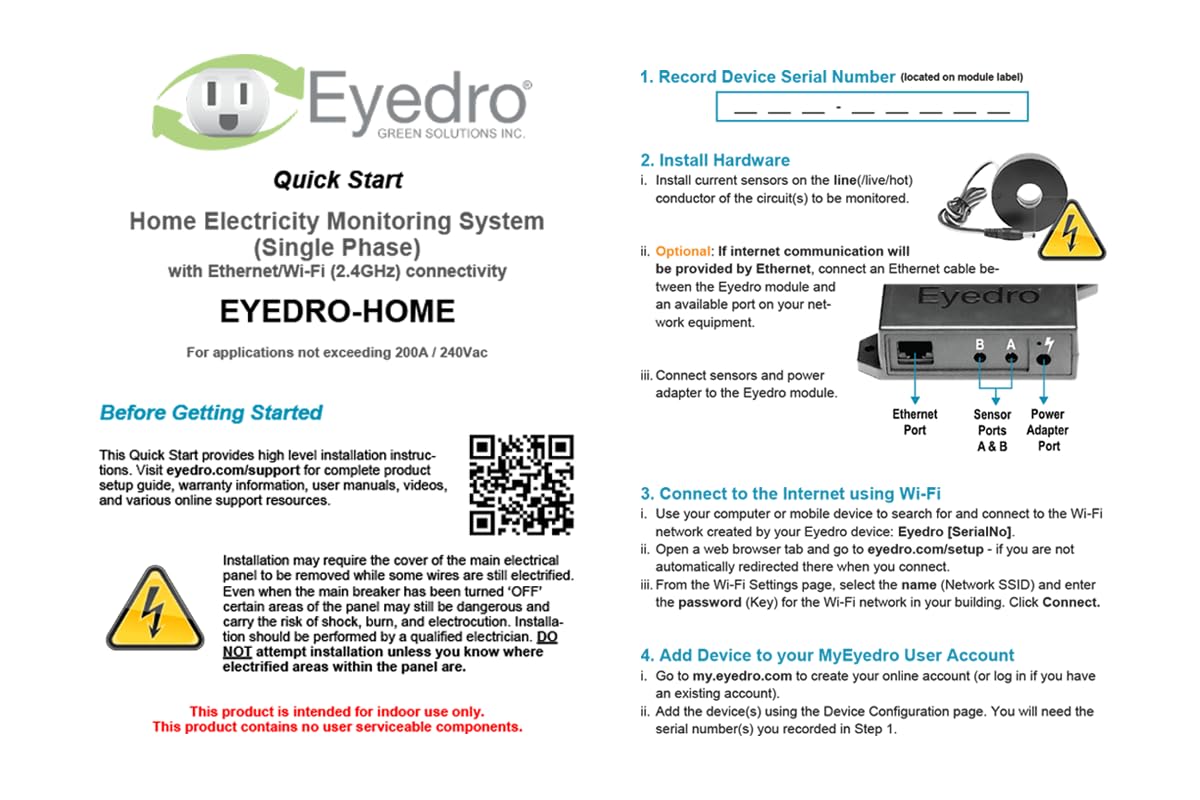 Eyedro Home Energy Monitor – Real-Time Electricity Usage Monitor with Solar Net Metering-Whole House Power Consumption Monitor–WiFi/Ethernet Smart Energy Meter with Reports & History, 2 Sensors
