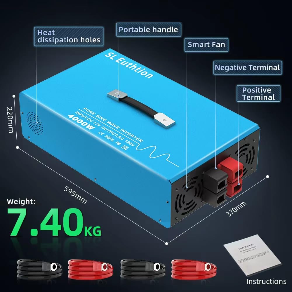 SL Euthtion 4000W Pure Sine Wave Power Inverter Voice Control AI Voice Assistant Support English 12V to 120V 60HZ with LCD Display, USB Port, for Car Home Laptop Truck
