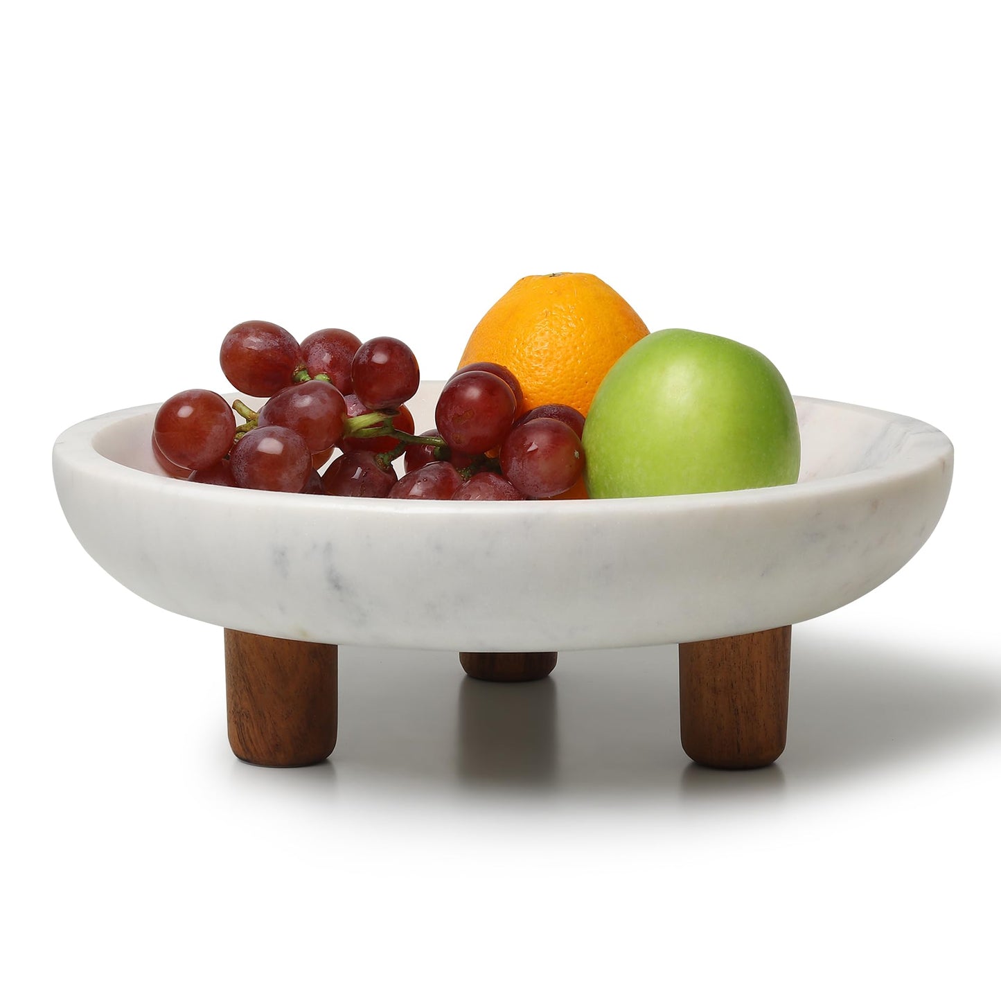 LAVAUK Marble Fruit bowl with three wood legs | 11.8 inch dia footed bowl for kitchen counter | Use as centerpiece for dining table, key bowl for entryway table, or potpurri/decorations (Large)