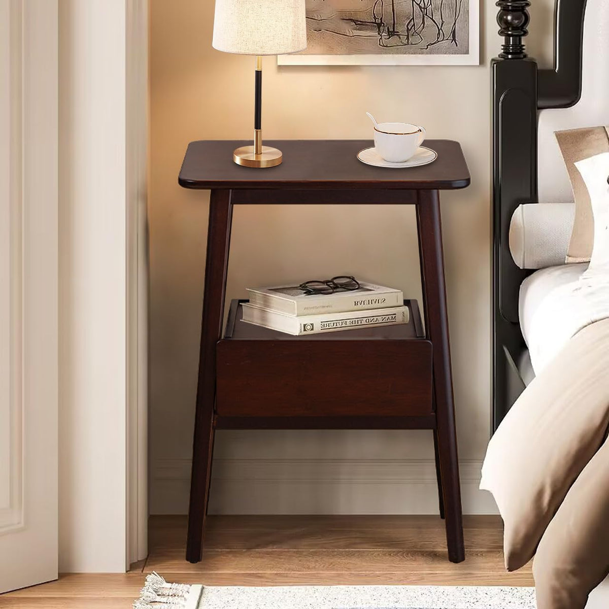 Kuabner Night Stand with Drawer, Mid Century Modern Nightstand, Bedside Tables with Open Storage Shelf,Large Storage End Table, Bamboo Night Stands for Bedrooms