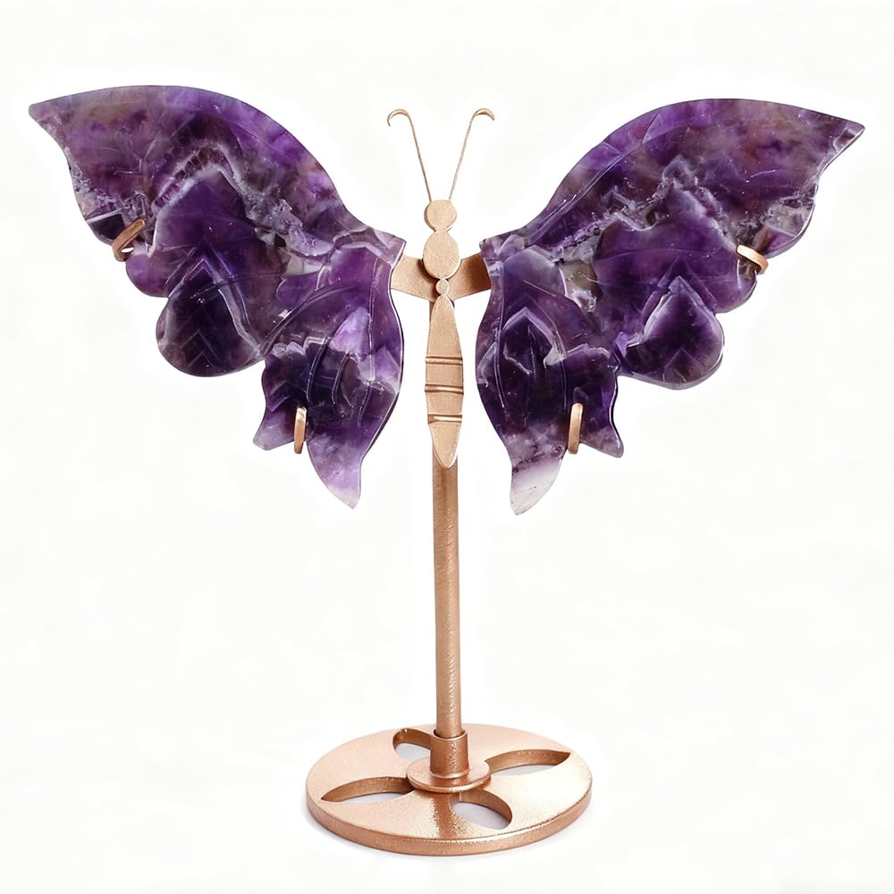 Natural Crystal Quartz Agate Stone Butterfly Wings with Stand Healing Crystal Gemstone Carving Office Home Decor (Dream Amethyst)
