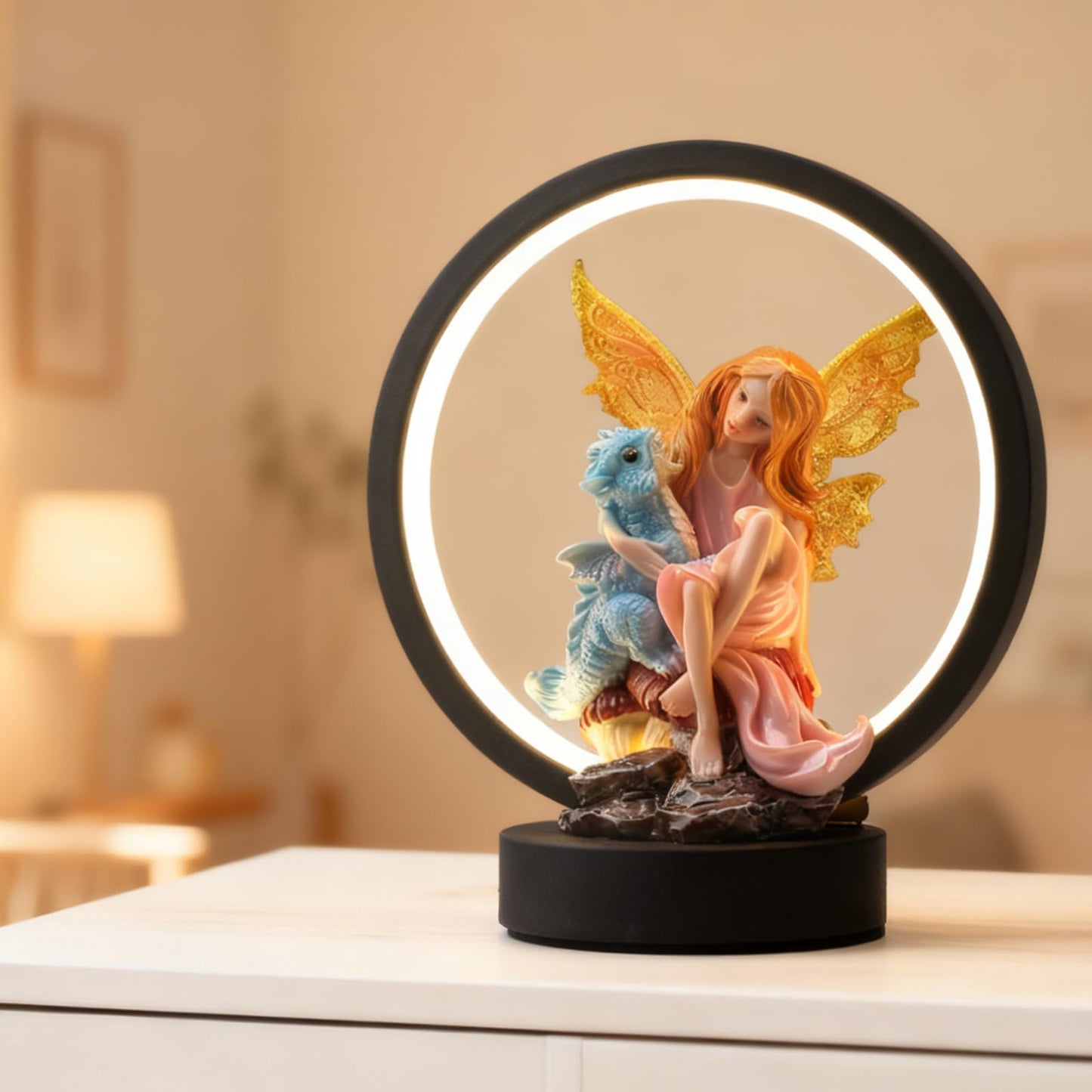Hmusnwol Fairy Dragon Figurine Lamp - Fairy Collection Pixie Statue with 6.15 inch LED Circle Table Lamp for Gifts,Fantasy/Bedroom/Bookshelf/Desk Decoration