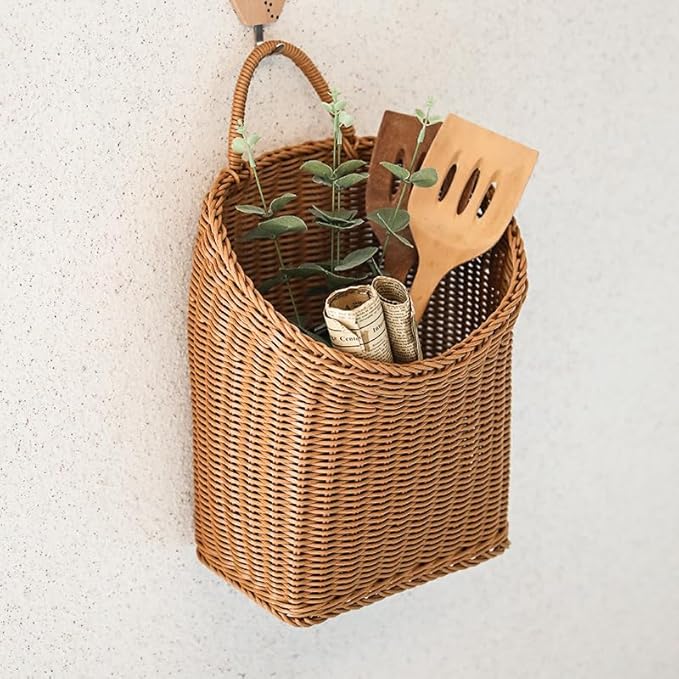 Woven Hanging Wicker Basket for Door, Handmade Rattan Hanging Wall Baskets for