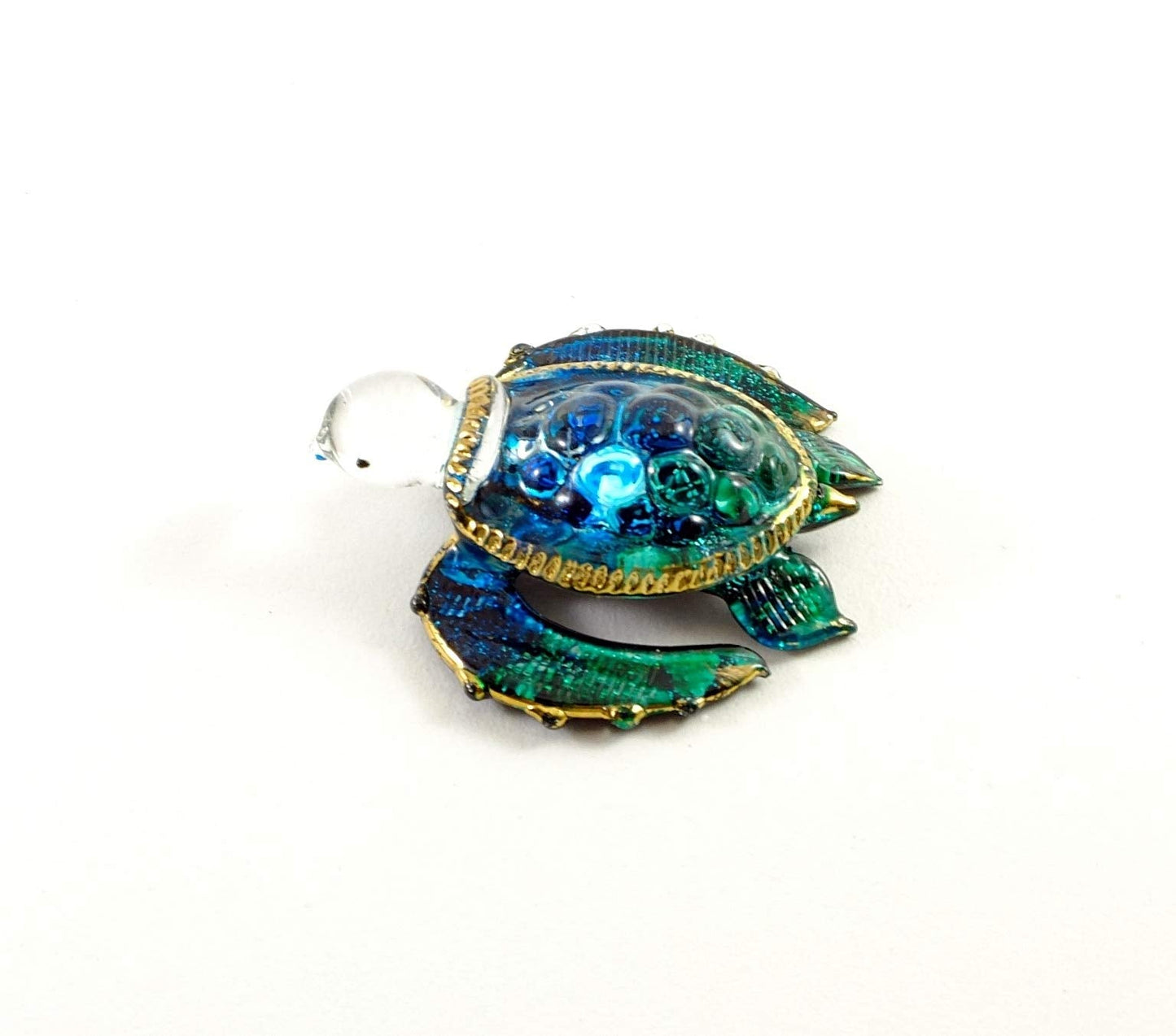 Handmade Mini 2" Blown Glass Sea Turtle Figurine Art, Cool Stuff, Miniature Animals, Home or Garden Decor Gift Ideas (Ocean Blue with 22k Gold Accents)