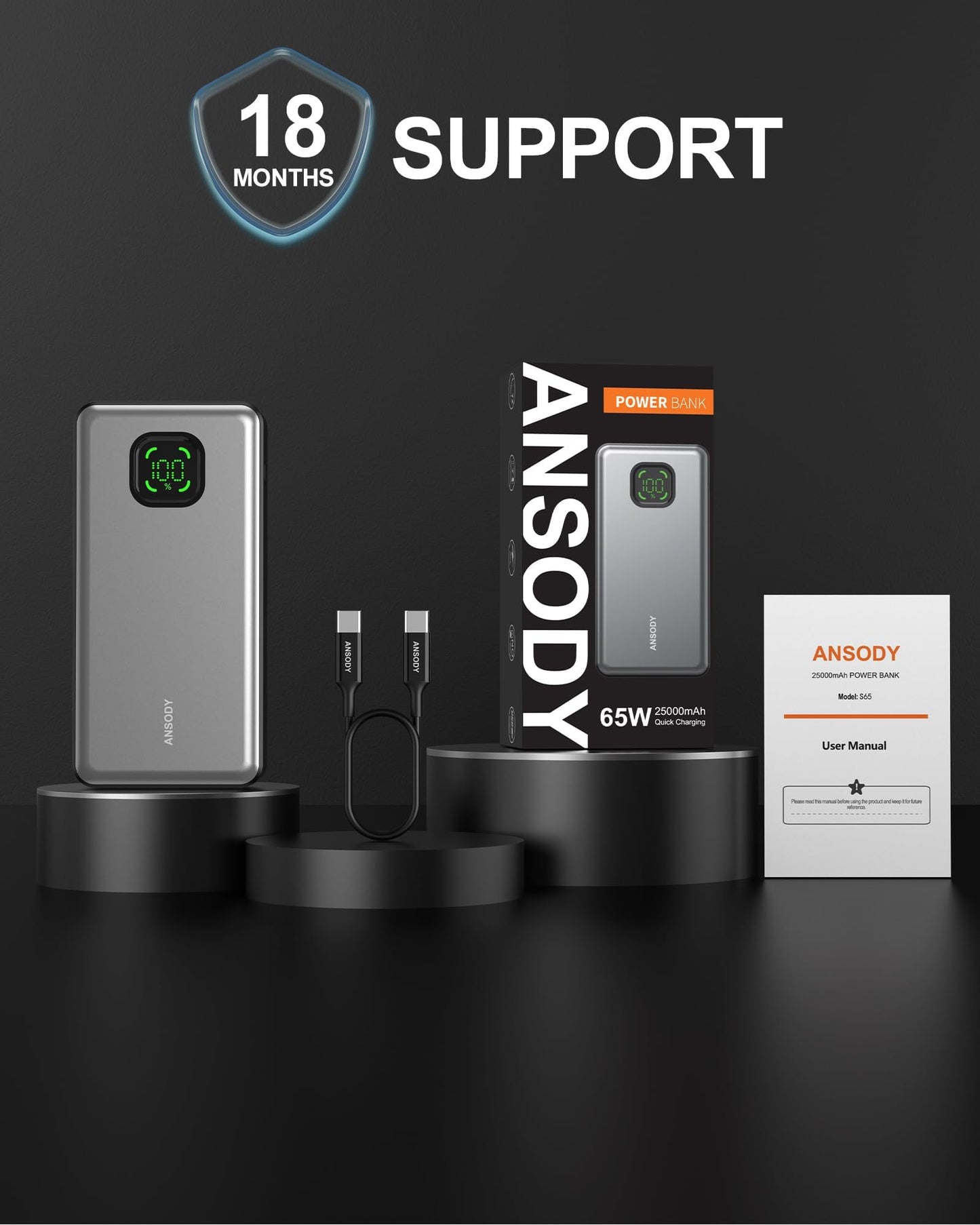 65W Power Bank, 25000mAh Travel Essential USB C Laptop Portable Charger, 100W Total Fast Charging Battery Pack for MacBook Dell XPS iPad Tablet Steam Deck iPhone 17-12 Series Samsung Switch and More