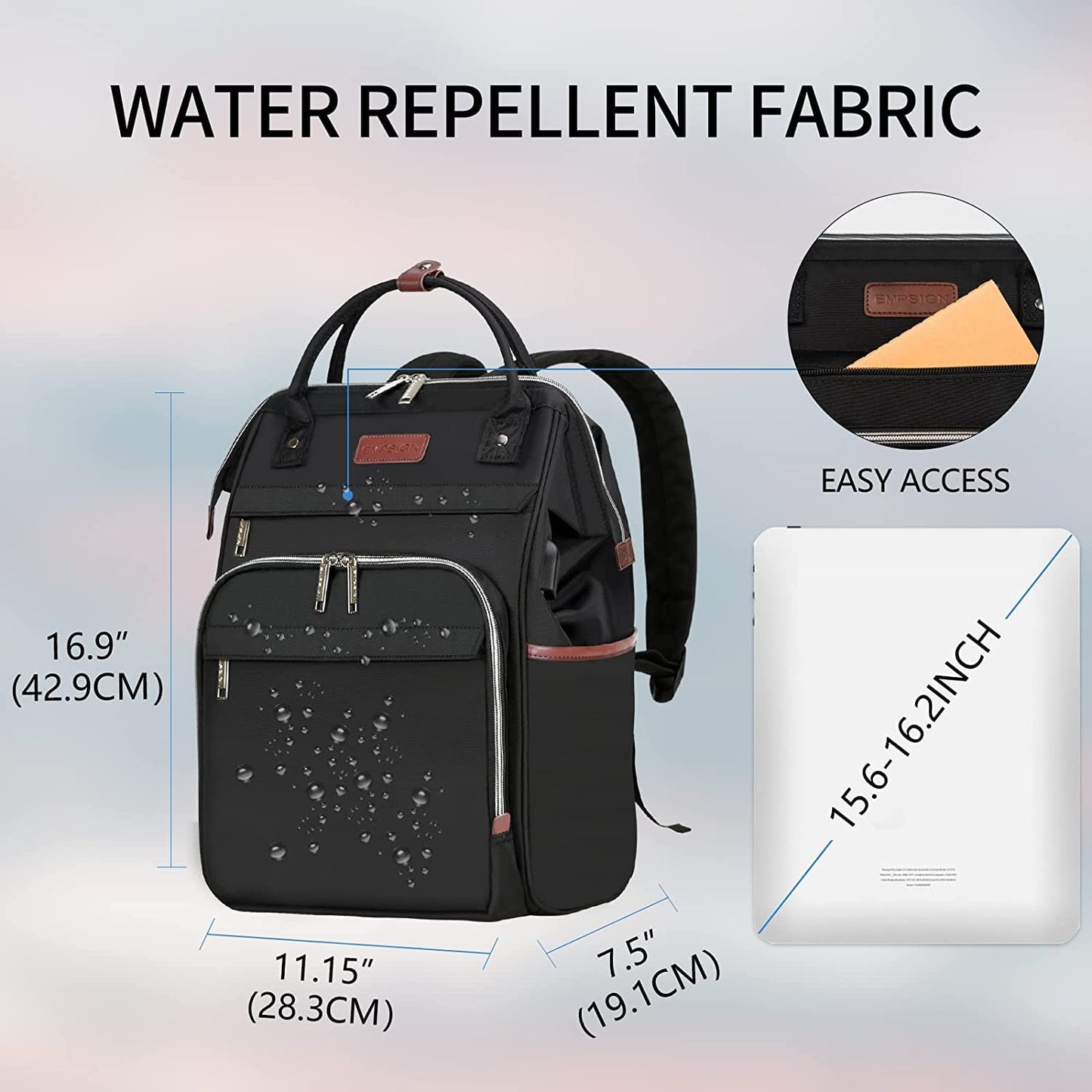 EMPSIGN Laptop Backpack for Women, 15.6 Inch College School Backpack, Laptop Rucksack Casual Daypack Wide Open, Water Repellent Travel Business Work Bag Computer Bookbag with USB Port, Black