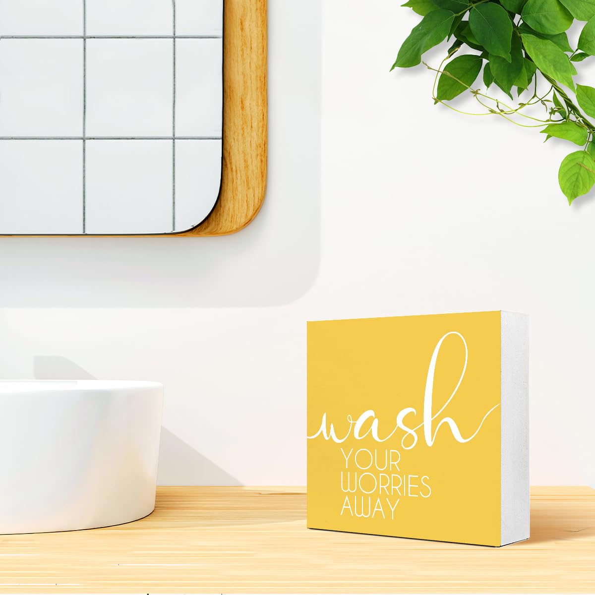 LVQHI Bathroom Decor And Accessories, Wash Your Worries Away Wooden Box Sign, Bathroom Sign Small Decorations For Shelves, Yellow Washroom Toilet Restroom Shelves Decor 5"L x 5"W x 1.1"H