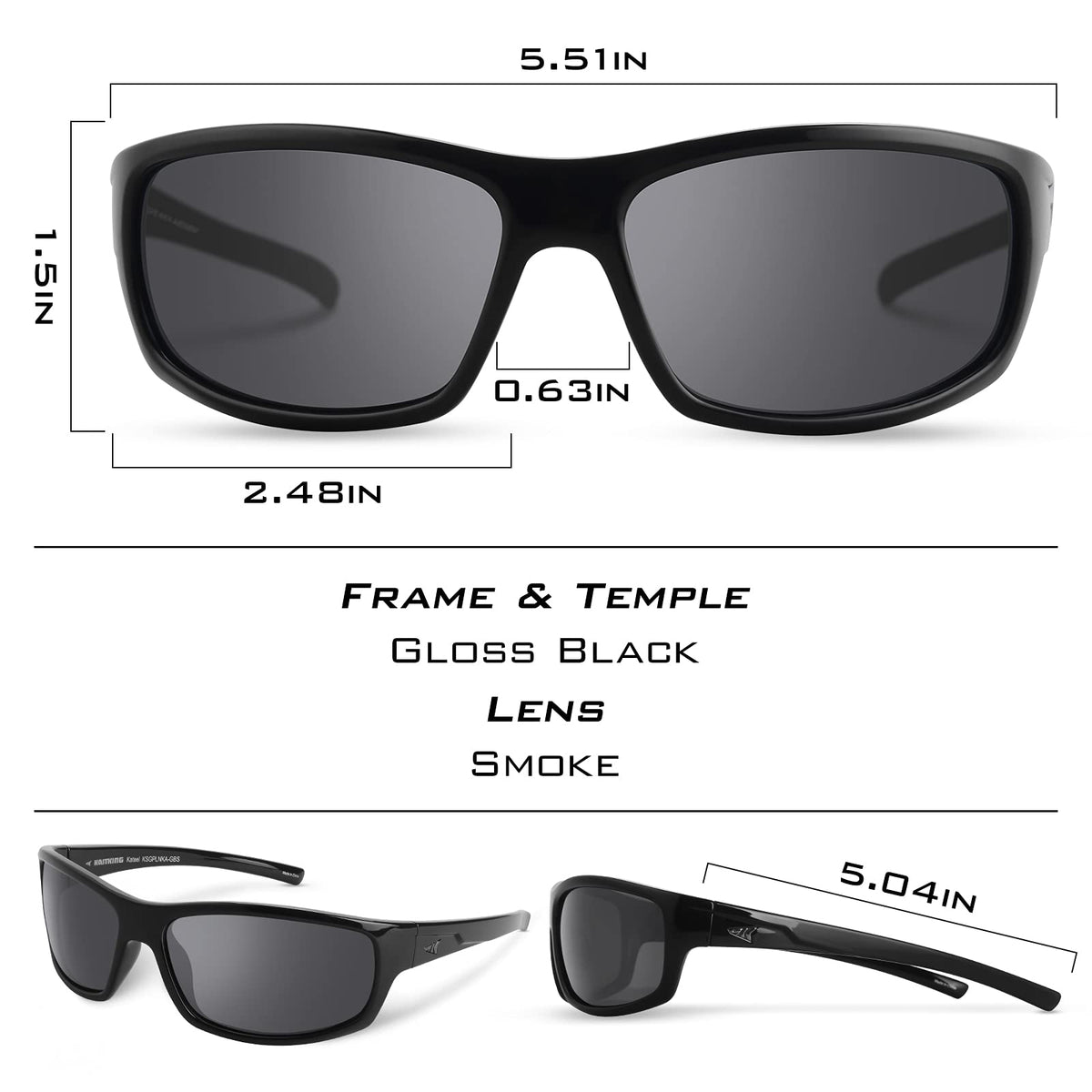 KastKing Kateel Polarized Sport Sunglasses for Men and Women, Gloss Black Frame, Smoke Lens