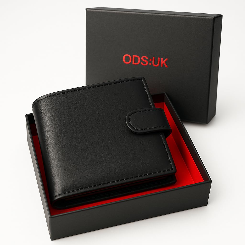 ODS:UK Mens RFID Blocking Safe Soft Leather Tri Fold Wallet Card Slots Id Window and Coin Pocket (Carbon Black)