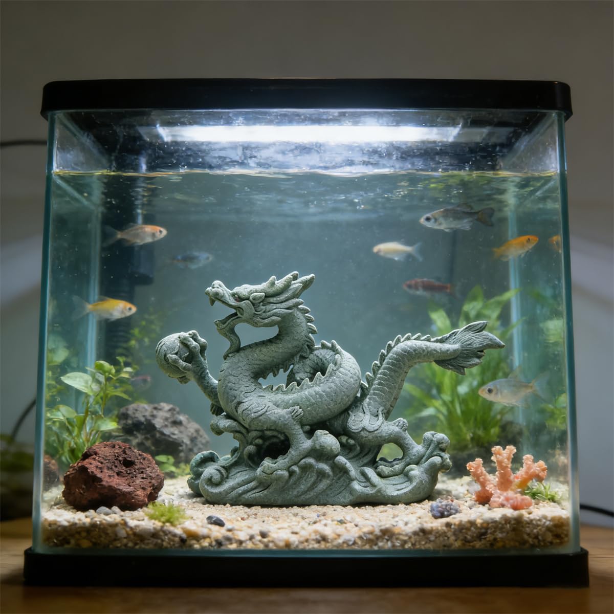 livelyfish Sandstone Chinese Dragon Statues, Aquarium Fish Tank Decorations Asian Garden Home Office Tabletop Small Accessories Decor for Wealth Success Lucky,A