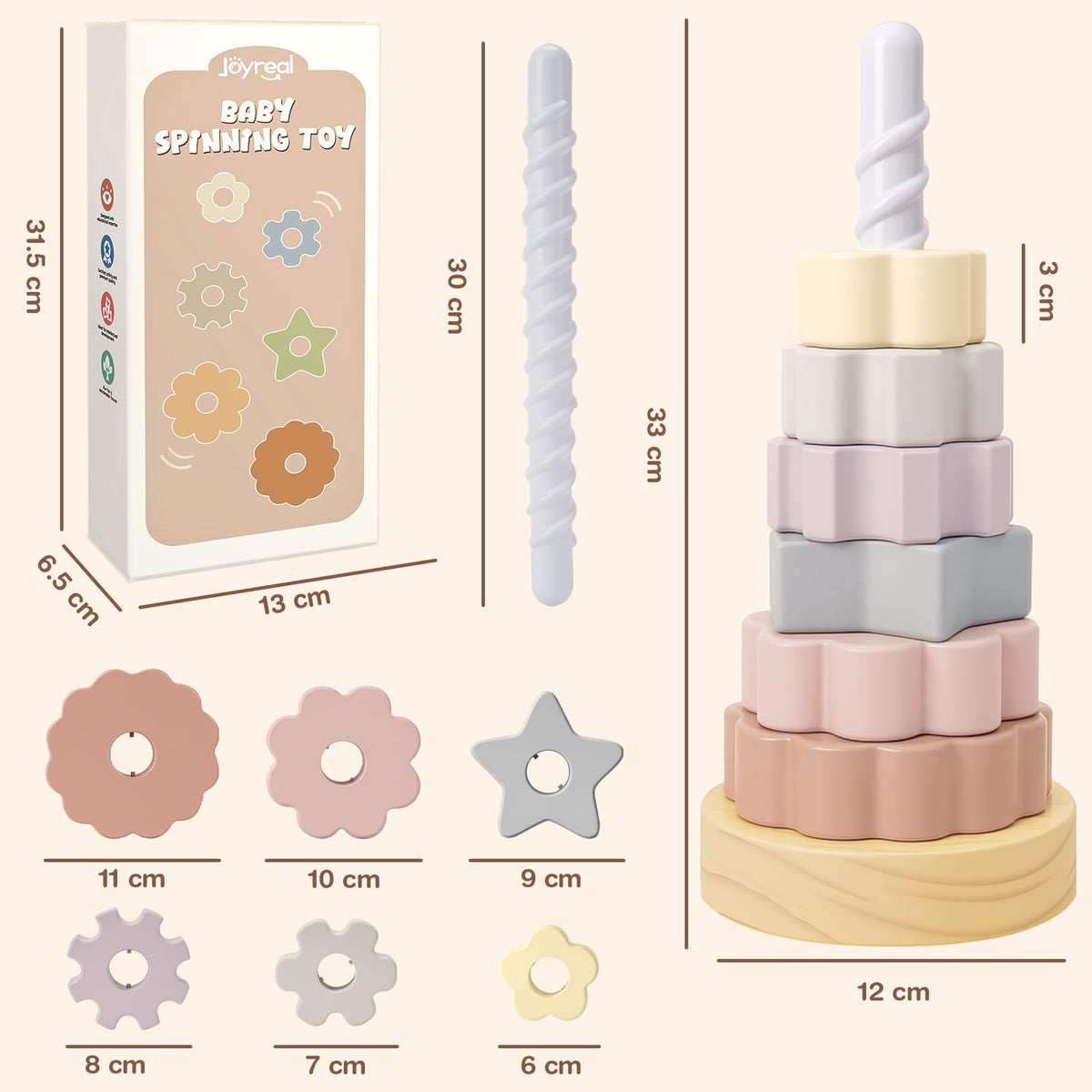 Joyreal Wooden Spinning Stacking Toys, Neutral Ring Stacker Montessori Toys for Toddlers 1-3, Christmas Birthday Gifts for Boys Girls