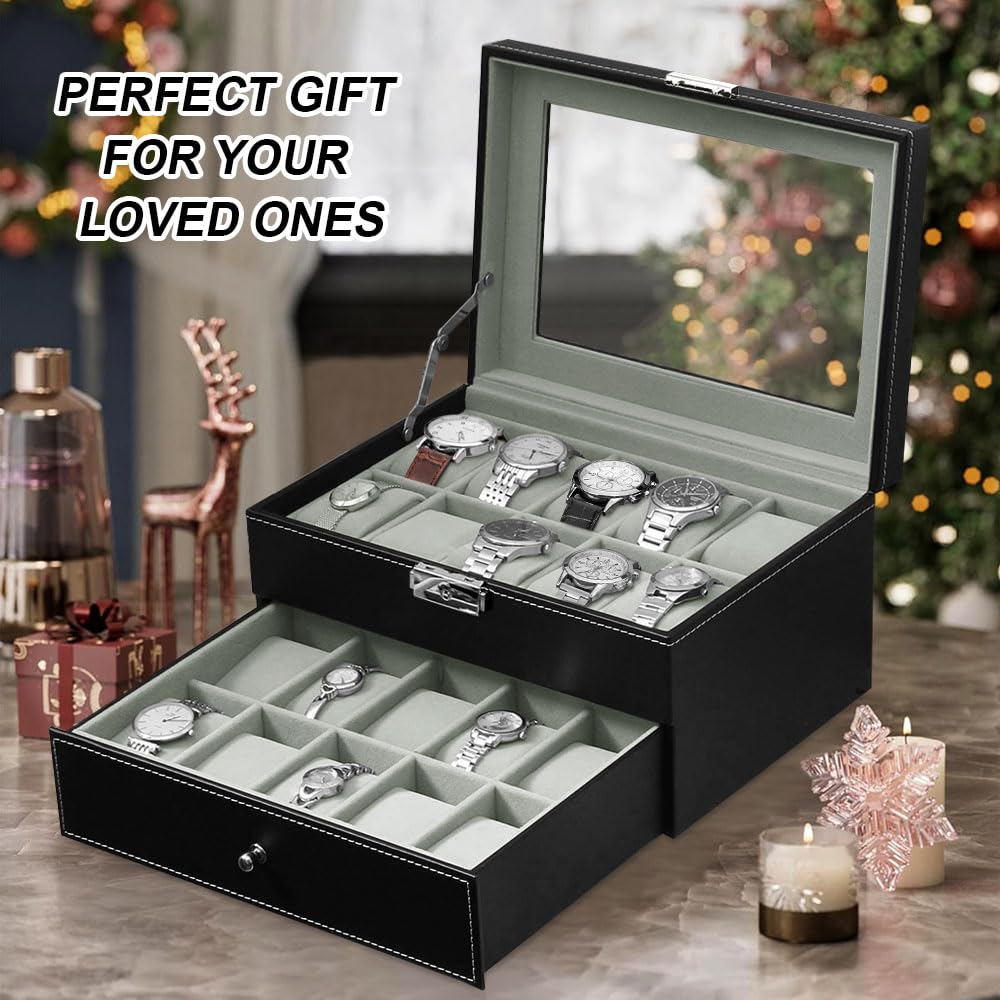 J&T Technology 20-Slot Watch Box for Men,2 Layers Watch Box Organizer,Watch Display Case with Glass Lid,Watch Holder Organizer with Removable Pillows,Gift for Loved Ones(20 Slot)