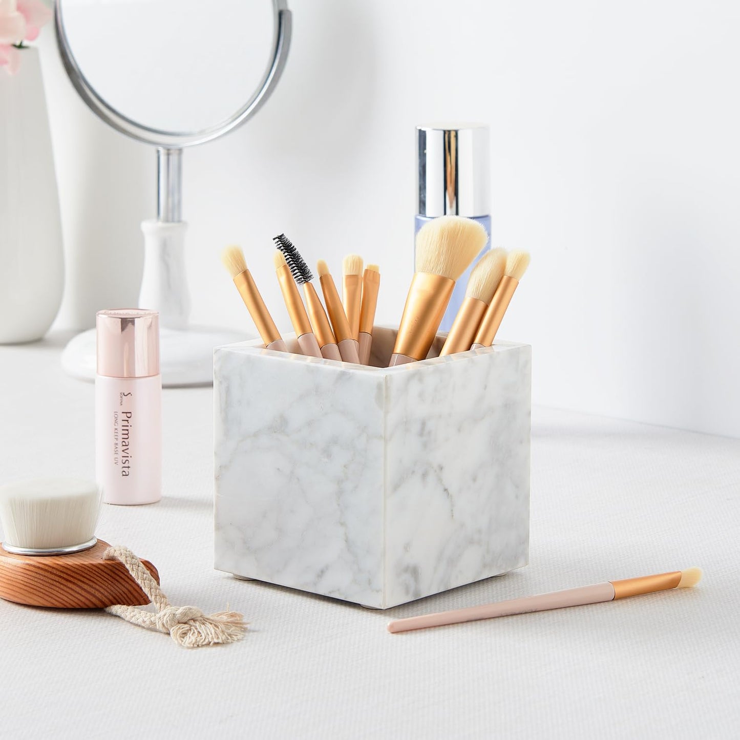 Real Luxurious Natural Marble Toothbrush Holder & Makeup Brush Organizer & Pen Holder for Desk,3.93inch Square Marble Utensil Holder Non-Ceramic/Non-Resin (White)