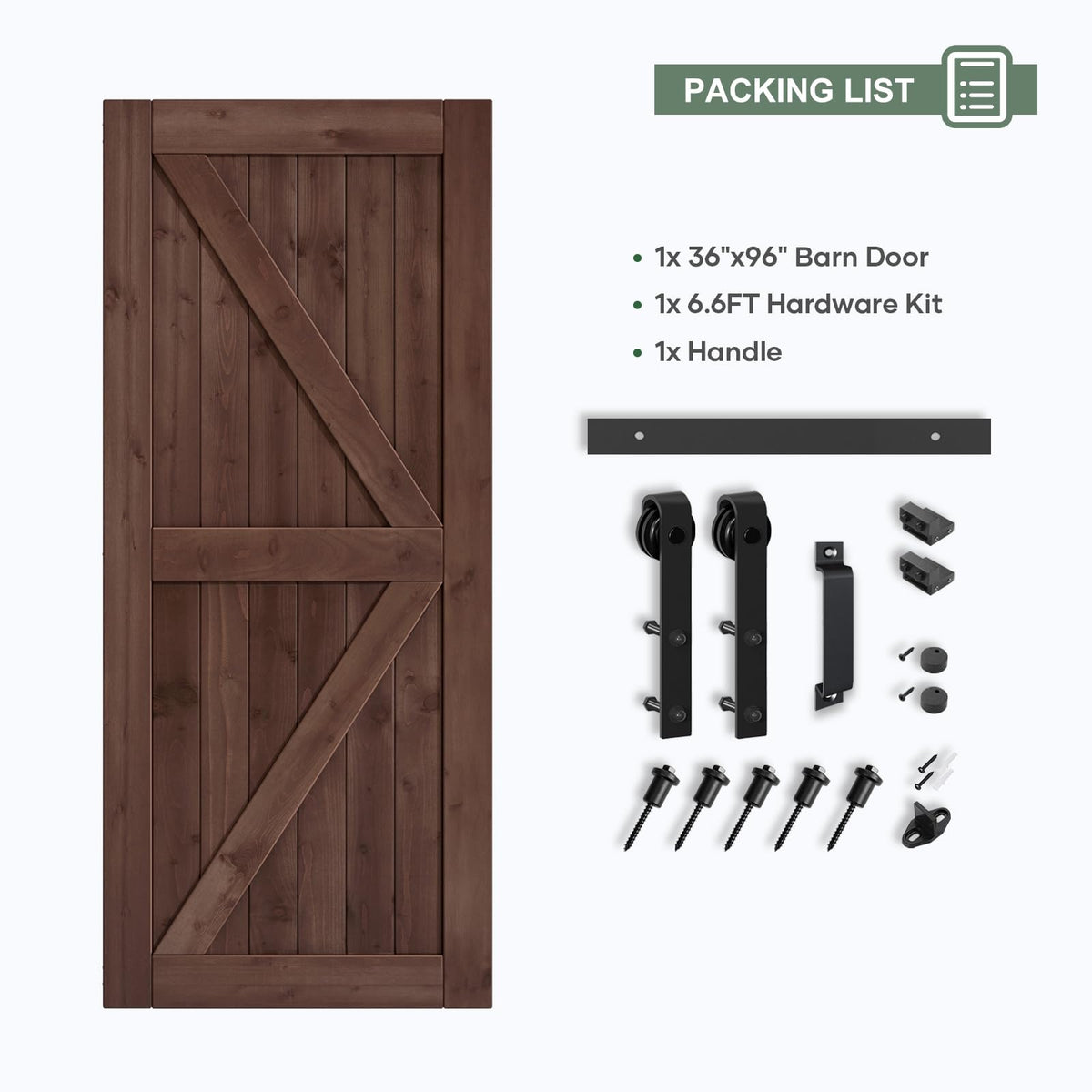 ROYMELO 36x96 inch Sliding Barn Wood Door Slab with 6.6ft Hardware Kit and Handle, Coffee, K Shape, Simple DIY Assembly
