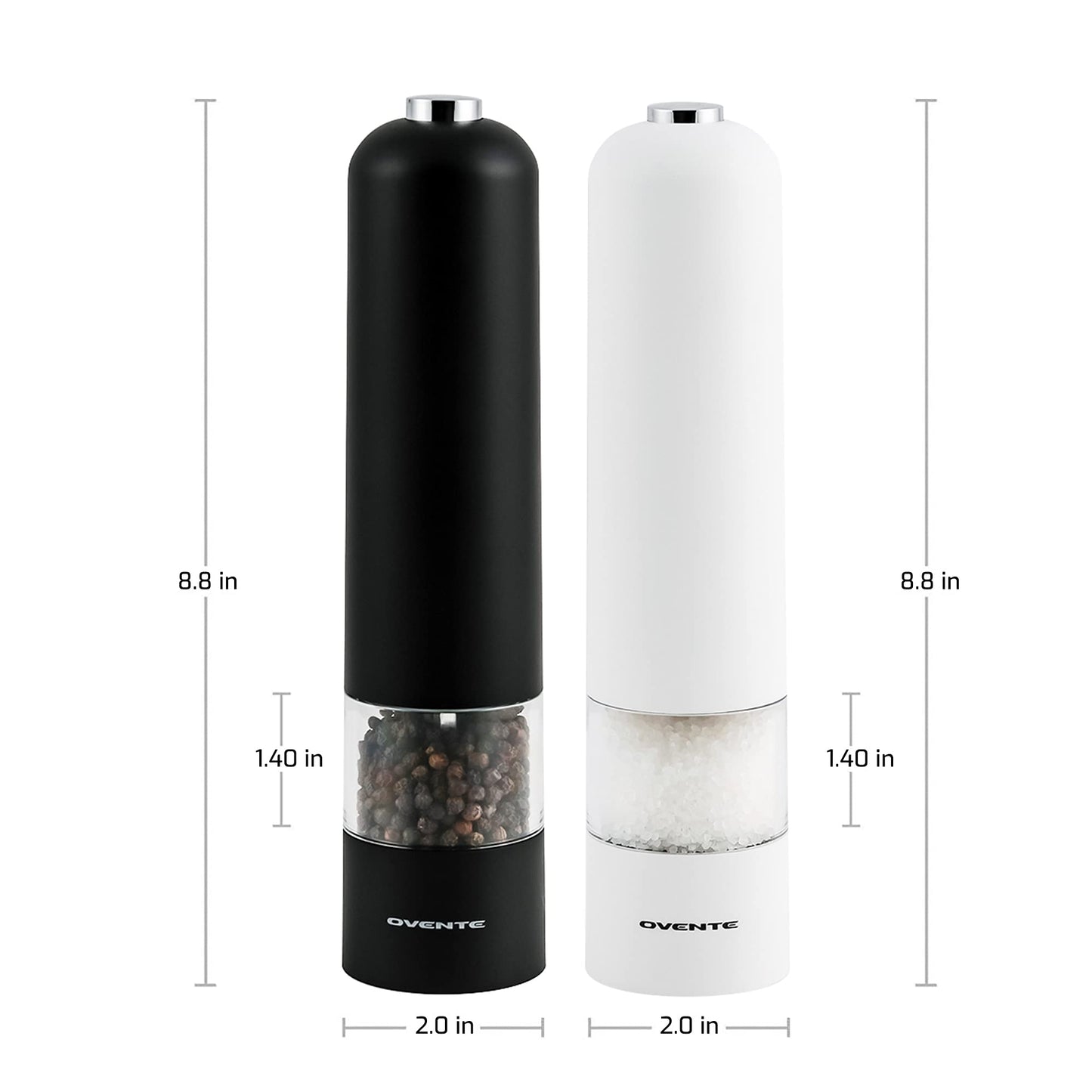 OVENTE Set of 2 Electric Salt & Pepper Mill Grinder, Battery Powered Stainless Steel Blades Automatic One Handed Operation with light and Adjustable Coarseness, Black and White SPD102BW