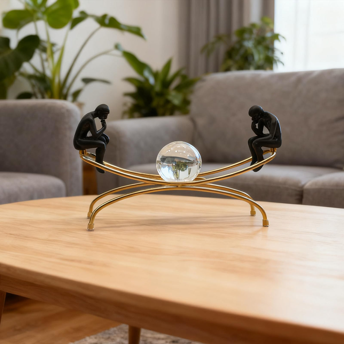 Heakrit Thinker Statue with Crystal Ball, Modern Home Sculptures Black and Gold Living Room Decor, Home Office Bookshelf Desktop Display Decoration