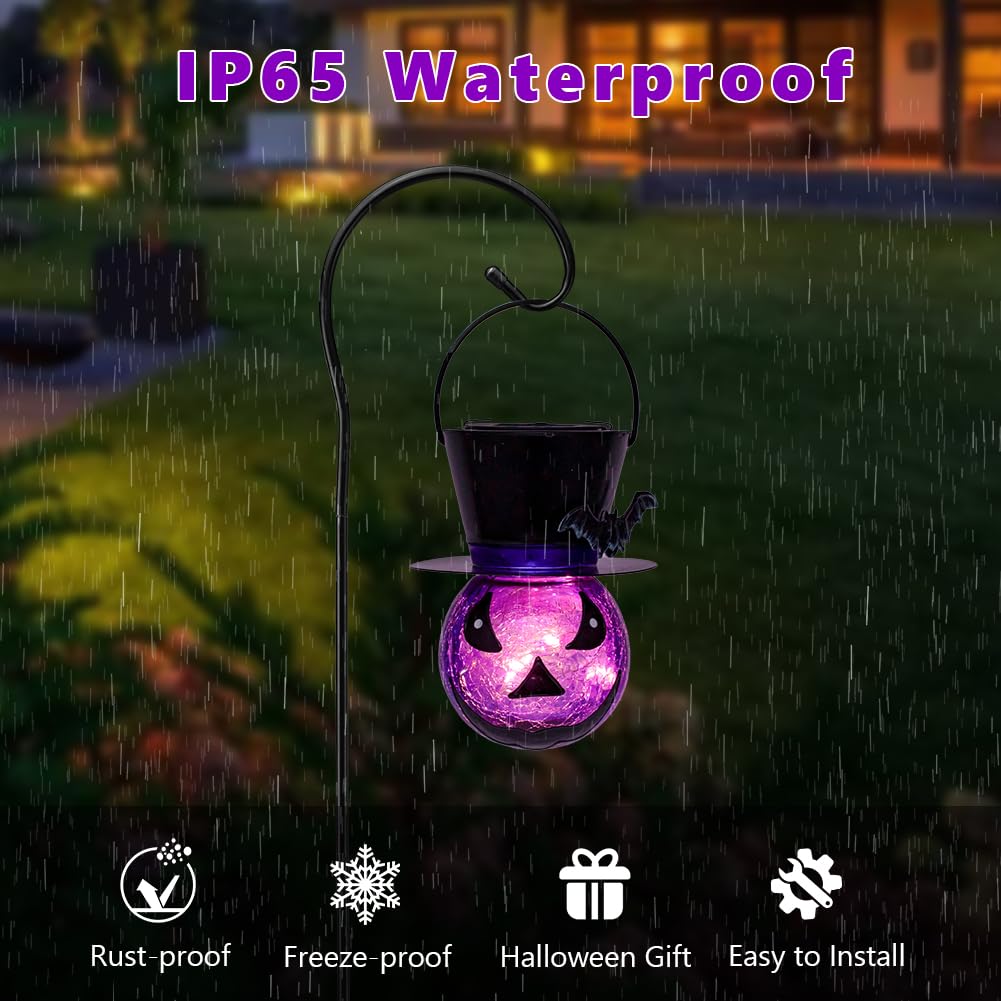 STARSOUL Halloween Solar Lanterns Purple Ghost and Bat, Hanging Solar Halloween Decorations, Halloween Solar Lights for Outdoor Garden Patio, Gifts for Women Grandma (with Shepherd Hook)