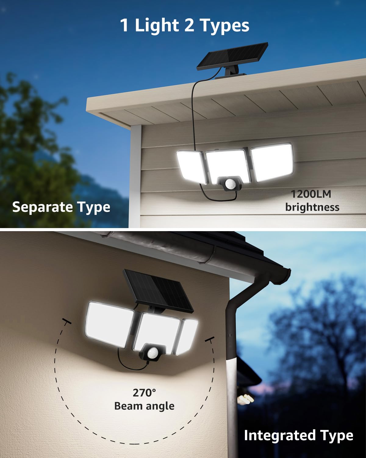 Lepro Solar Security Lights Outdoor Motion Sensor, 2 in 1 Separated and Integrated Remote Control IP65 Waterproof Solar Lights with 3 Light Modes, 3 Heads Solar Floodlight for Garden Yard