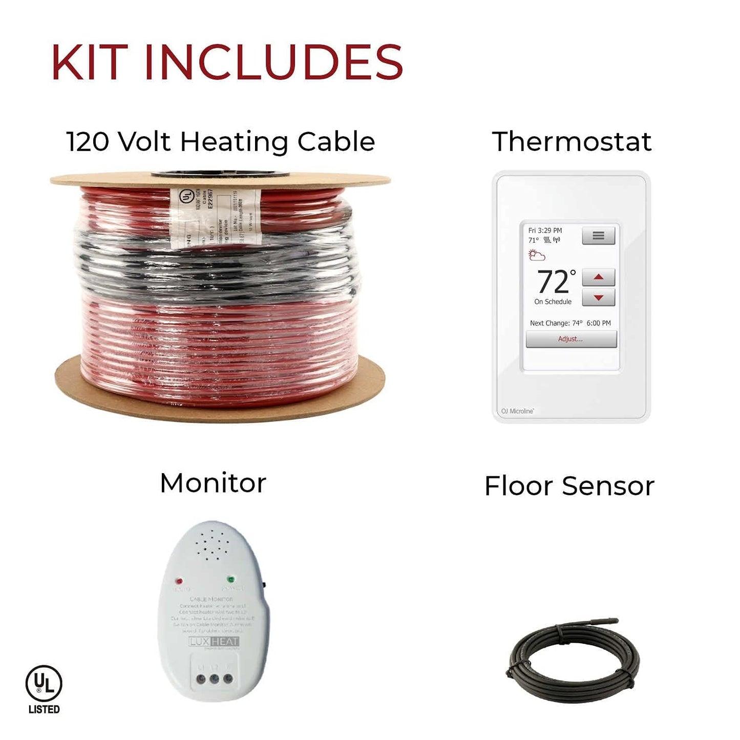 LuxHeat 120sqft Floor Heating Cable Kit - 120v Electric Radiant Heated Tile Floor Kit - Heated Flooring System Includes UWG4 WiFi Programmable Thermostat w/GFCI, Heating Cable, Alarm & Flooring Sensor