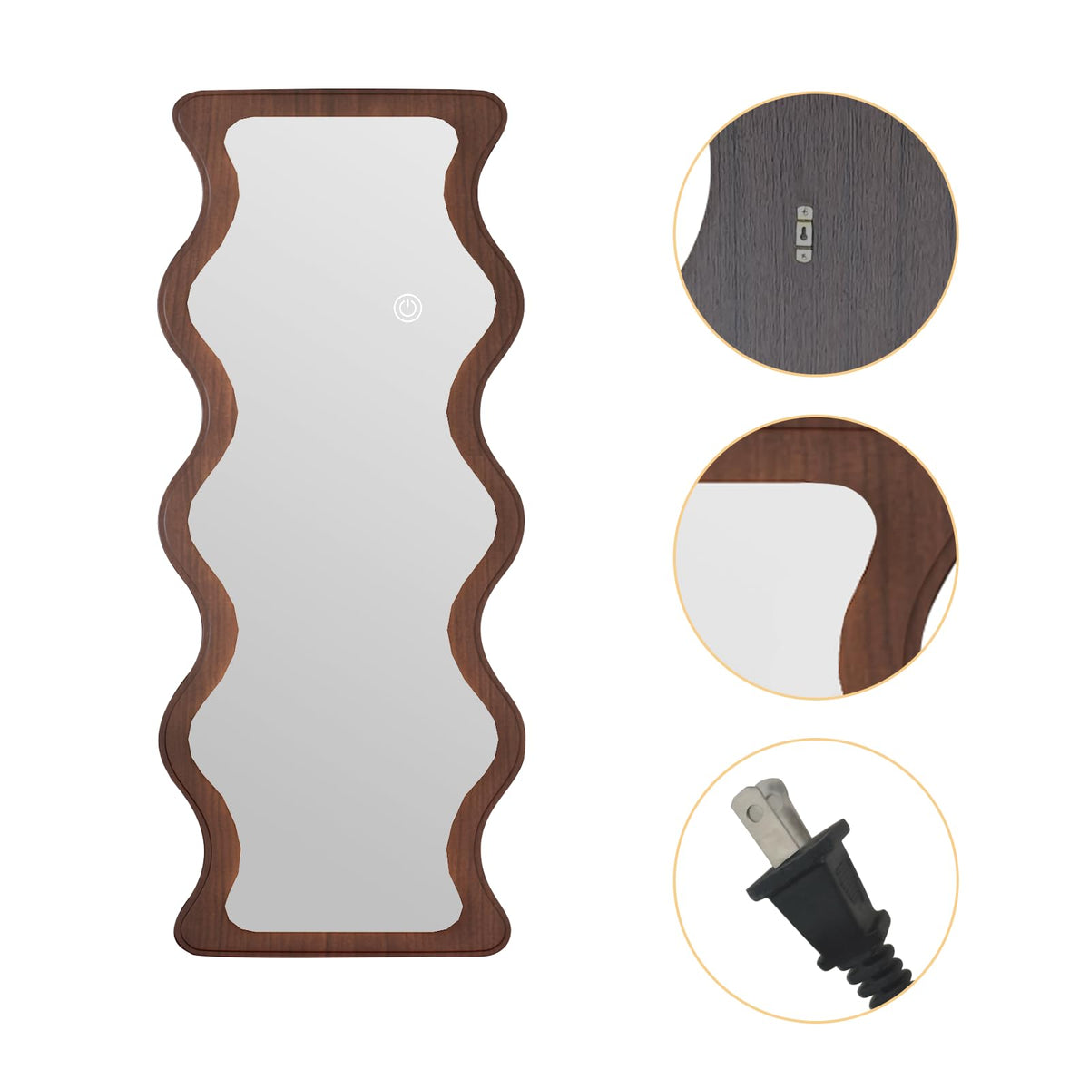 osemy 65"x 24" Irregular Wavy LED Full Length Mirror with Lights Wood Frame Full Body Mirror, Free Standing/Wall Mounted/Leaning for Dressing Bedroom Living Room Walnut Brown