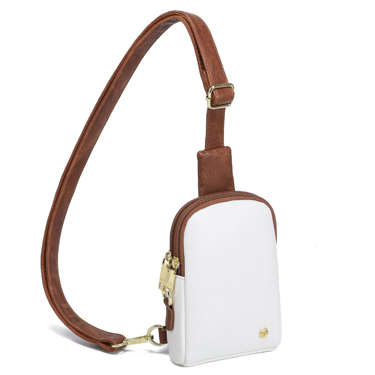 INICAT Sling Bag for Women Touchscreen Small Crossbody Cell Phone Purse Fanny Pack (White Brown Anti Theft)