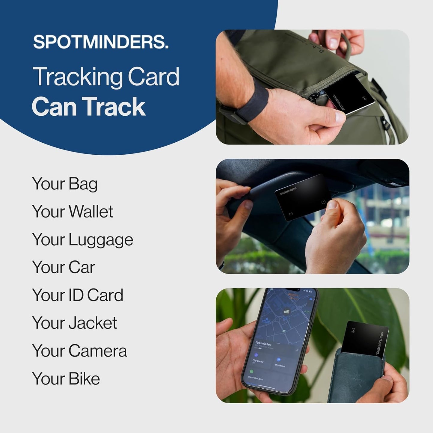 SPOTMINDERS Apple MFi Certified Wallet Tracker Card for Travel - Works with Apple Find My, IP68 Waterproof Rechargeable Tracking Card for Wallet Luggage Passport Purse - Ultra Slim 0.07in Item Finder