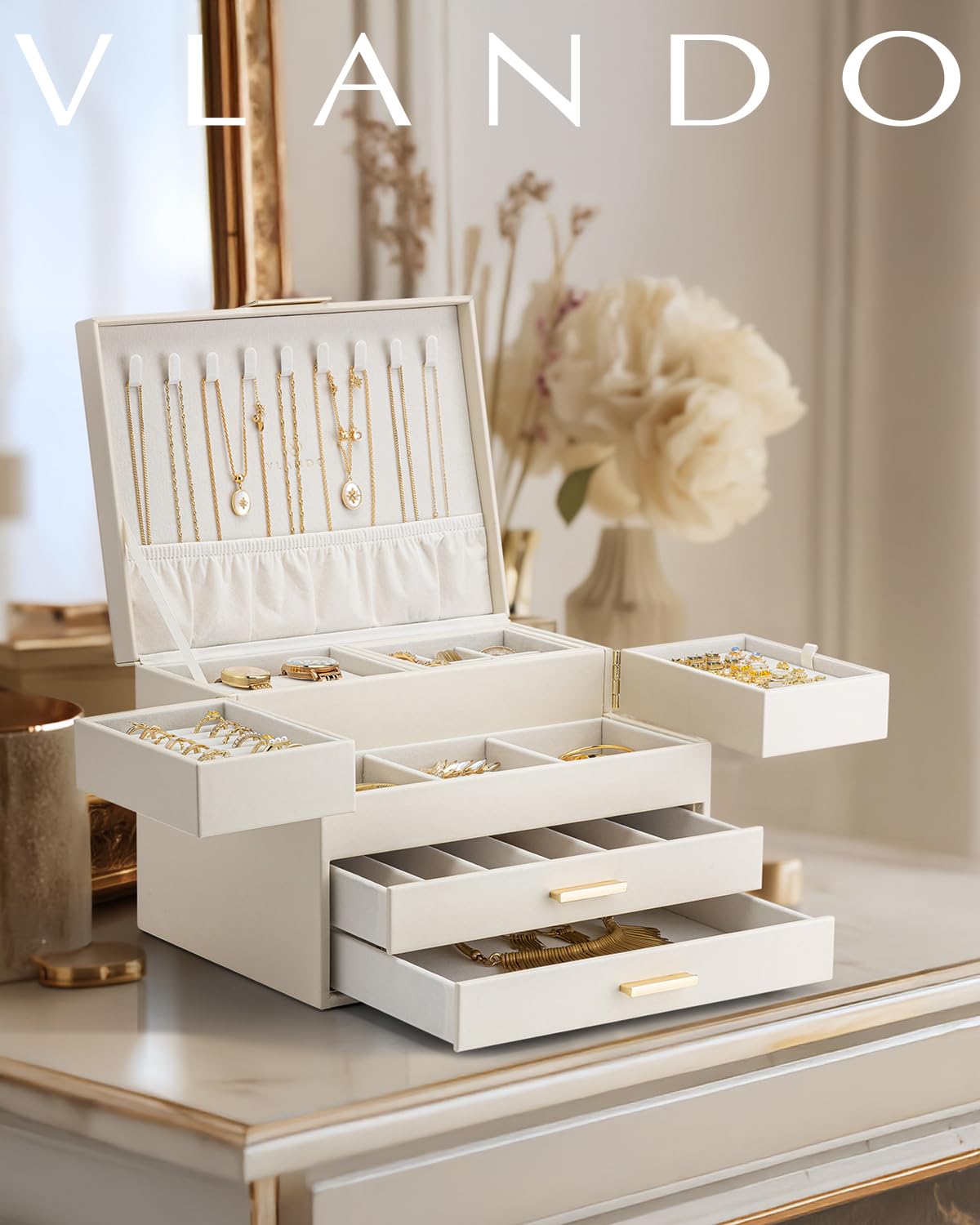 Vlando 4 Layers Jewelry Box - Women Jewelry Box with Retractable Tray - Jewelry Organizer with Drawer for Necklaces, Rings, Bracelets, Earrings, Valentines Gift for Mom Girls - Cloud White
