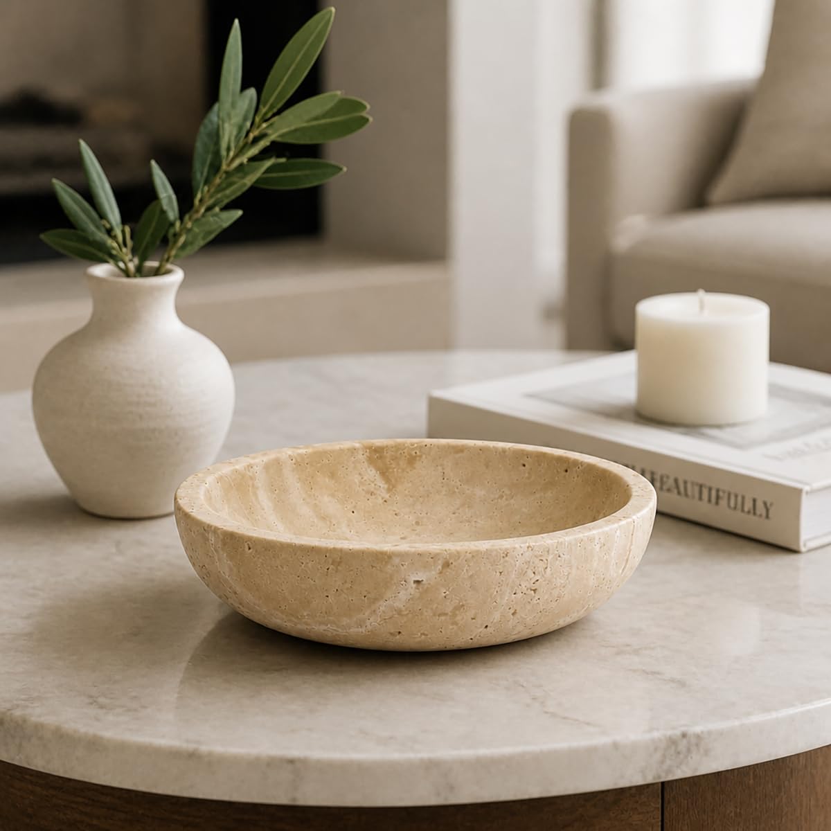 IVWOXO Natural Travertine Decorative Bowl for Coffee Table – 7.8”Handmade Beige Stone Fruit Bowl, Key Bowl for Entryway Table, Modern Catchall Tray, Vanity Jewelry Dish, Rustic Home Decor Centerpiece