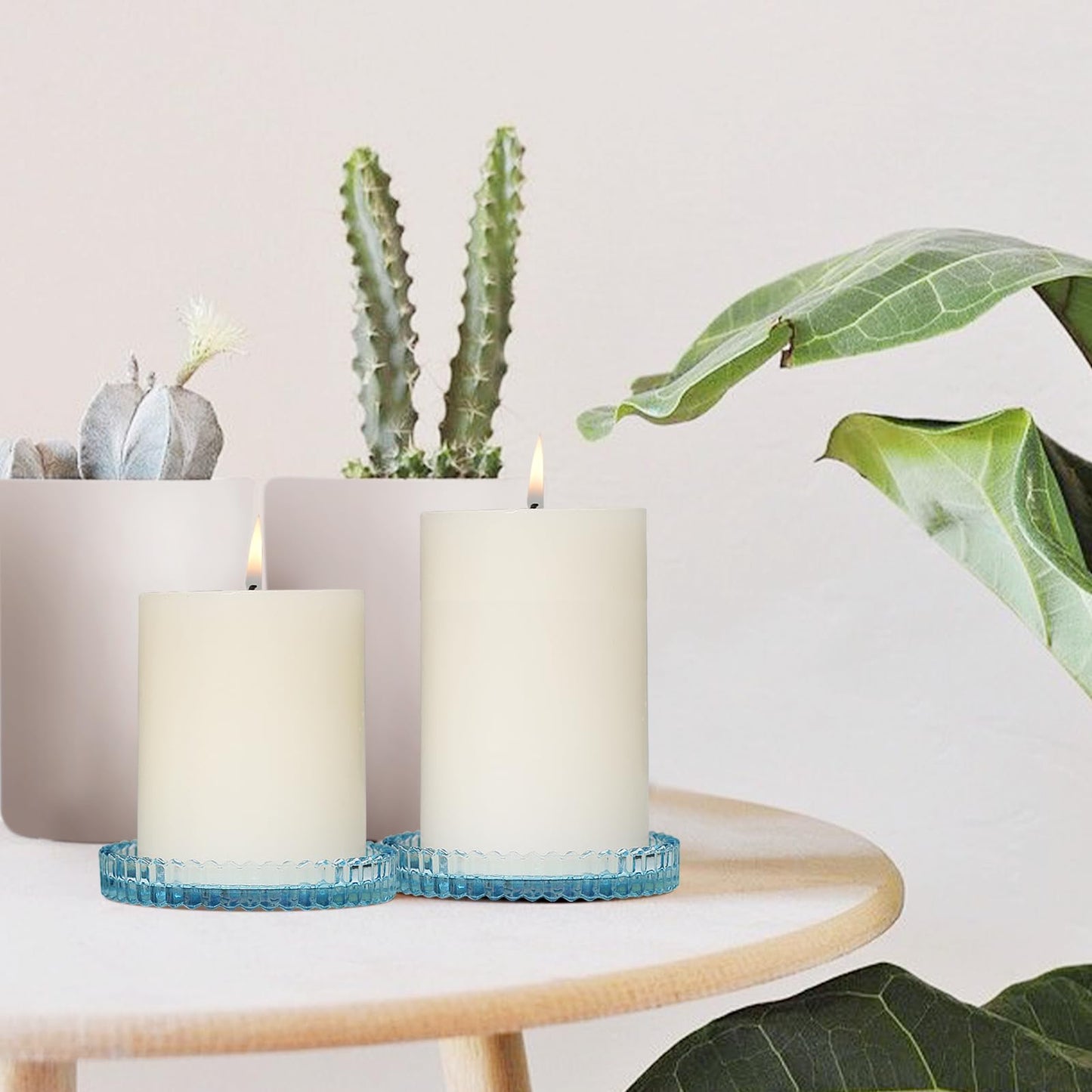 CHOCSTAY Glass Pillar Candle Holder, 4" Blue Candle Plates Set of 3, Glass Candle Holders for Wedding, Party, Holiday, Home Decor, Table Centerpiece