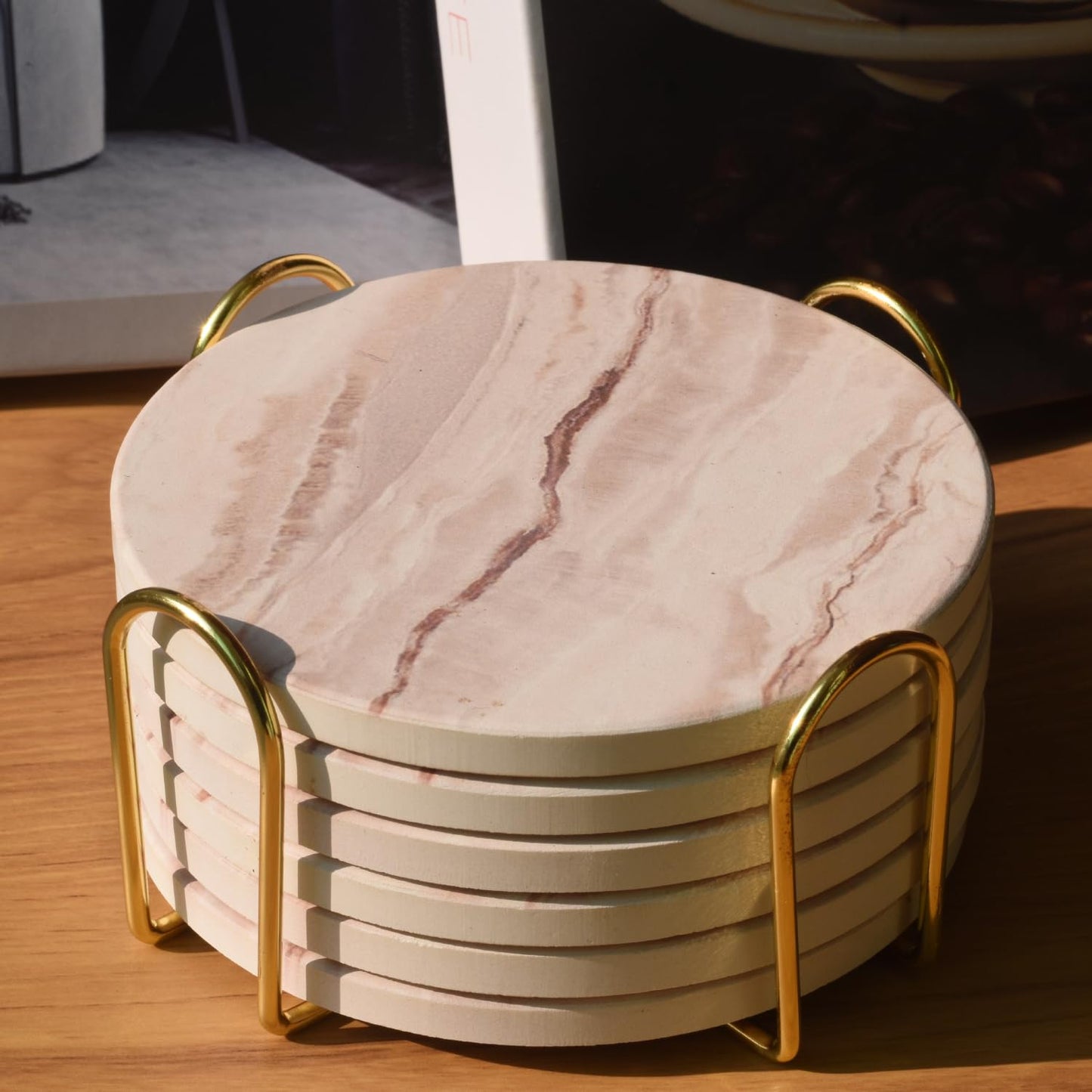 6Pcs Drink Coasters with Holder, Round Marble Style Ceramic Drink Coaster, Absorbent Coaster Set for Home Decor Tabletop Protection, Suitable for Kinds of Cups, Housewarming Gift, 4 Inches