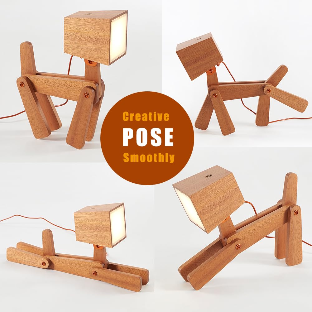 HROOME Novelty Cool Dog Lamp for Kids Room Bedroom Bedside - 3 Levels Dimmable Touch Control Wood Table Lamp Warm White Desk Light Gifts for Living Space Office Farmhouse Dorm (Mini-Sapele Color)