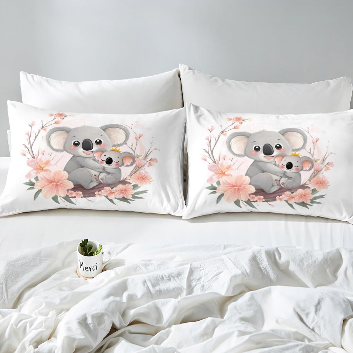 Erosebridal Koala Bear Bedding Set (No Flat Sheet), Cute Animal Bed Sheets Full Size, Lovely Family Pink Floral Fitted Sheet for Kids Boys Girls Bedroom, Botanical Branches Cartoon Pattern Bed Cover