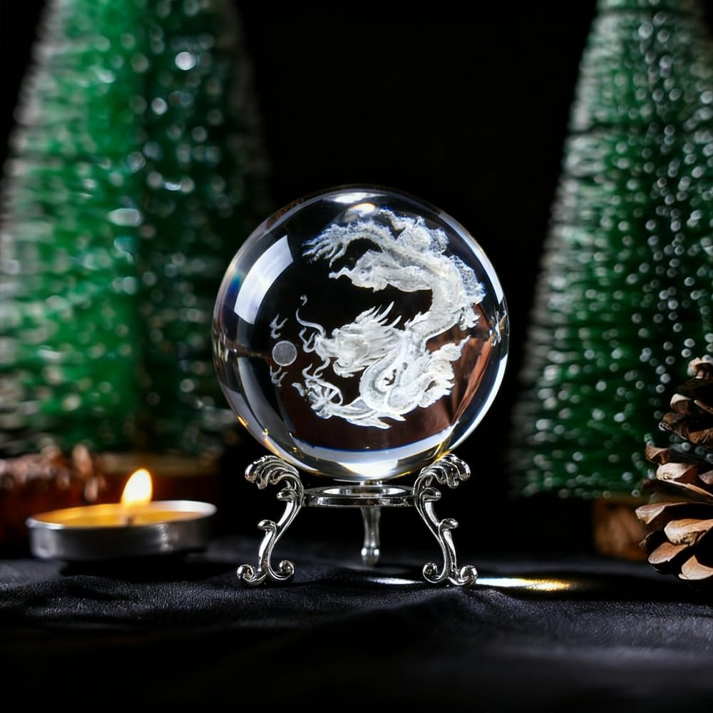 Aprbella 3D Engraved Chinese Dragon Crystal Ball - Fengshui Dragon Decor Statue Figurine, Chinese Decor for Home Office, Housewarming Gift