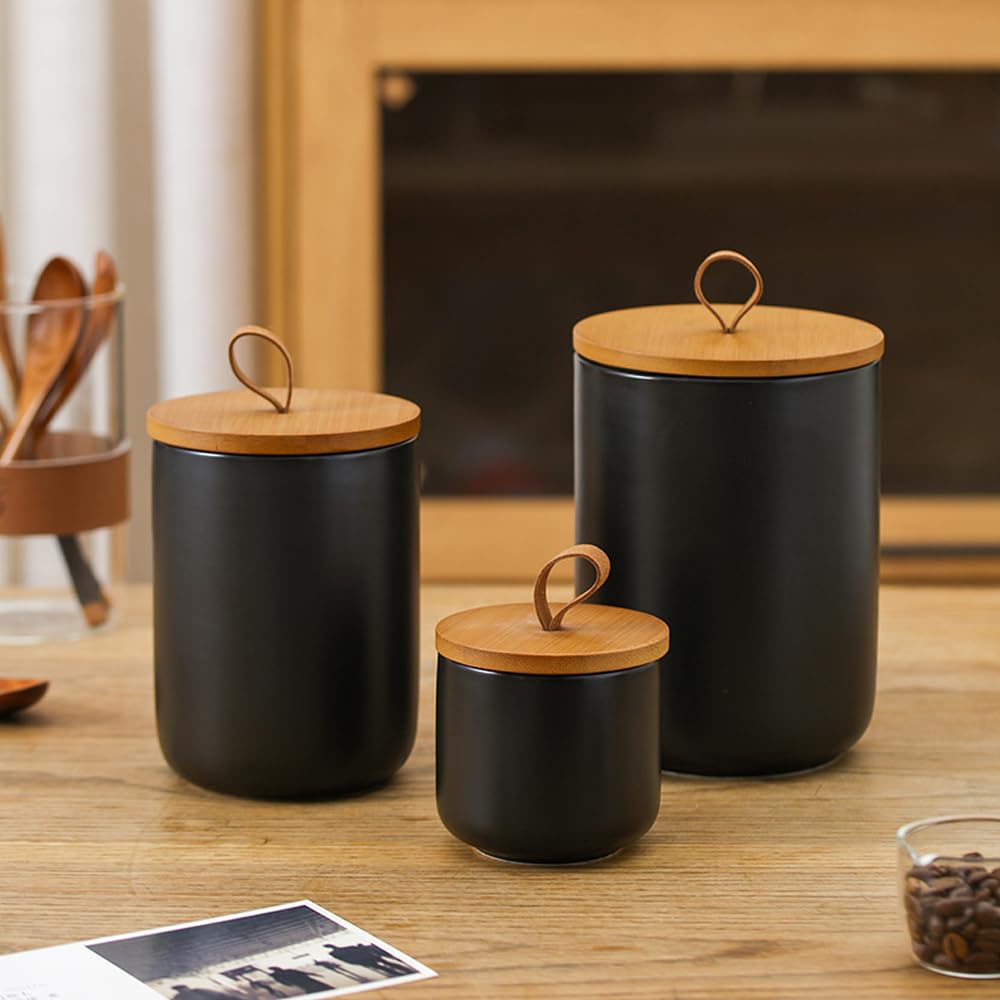 Jueison Ceramic Storage Jars, Modern Elegant Highly Polished Airtight Gorgeous Storage Canisters with Wooden Lid Small Food Stroage Jar for Kitchen Spice Tea Vanilla Sugar Coffee Beans (Black trumpet)