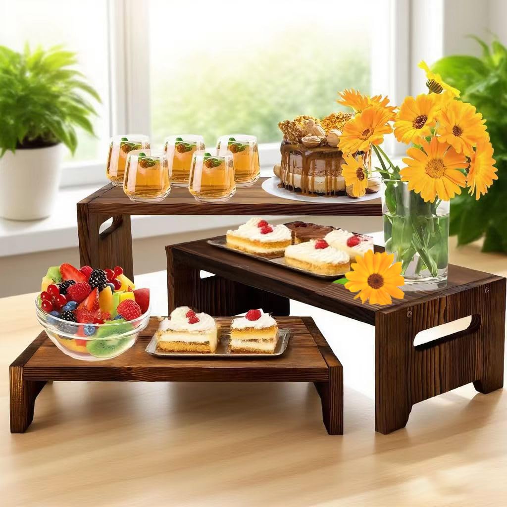 MRPAPA 3 Tier Cupcake Stand & Wood Display Risers,for Food Desserts Stand Perfume Organizer Funko POP Collections, Display Stand for Organizer and Decoration (Dark Brown-Display Riser)