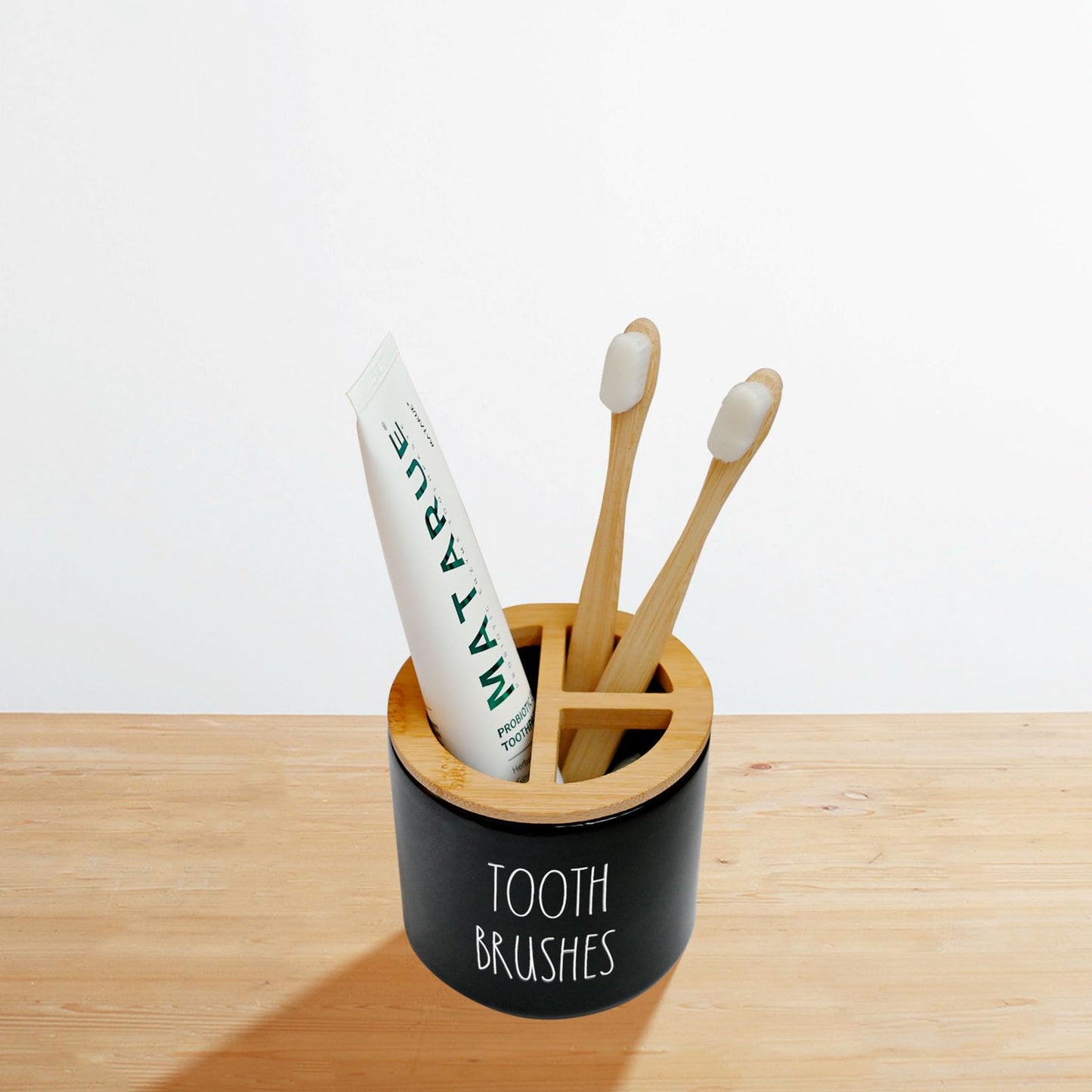 Toothbrush Holders for Bathroom, Farmhouse Tooth Brush Holder, Ceramics Tooth Brushing Stand with Bamboo Lid, Electric Toothbrush Holder, Cute Shower Toothbrush Toothpaste Holder Set (Black)